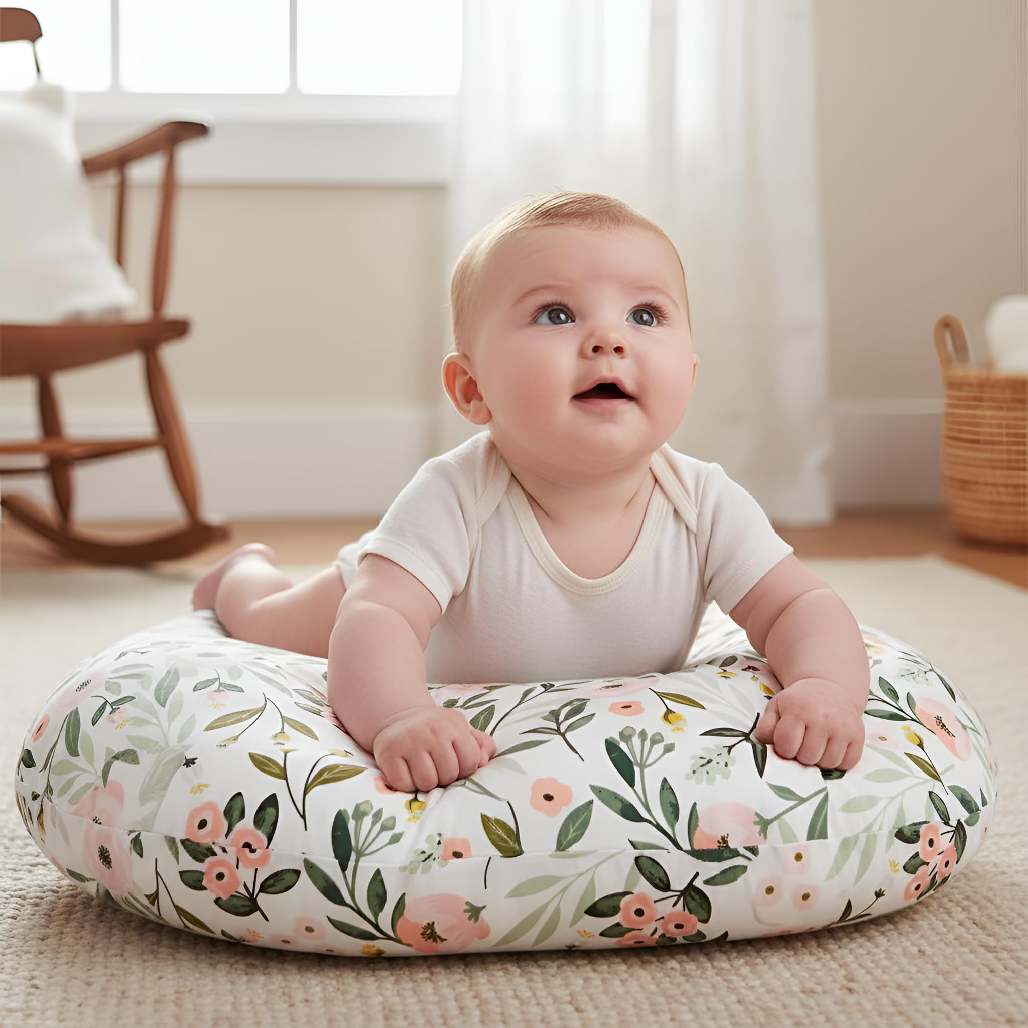 Baby Feeding Pillow for Breastfeeding & Bottle Feeding | Nursing Support Cushion with Detachable Zippered Cover | Lightweight Medium Firm Polyester Microfibre Filled Infant Pillow (Pink Flower)-image-1
