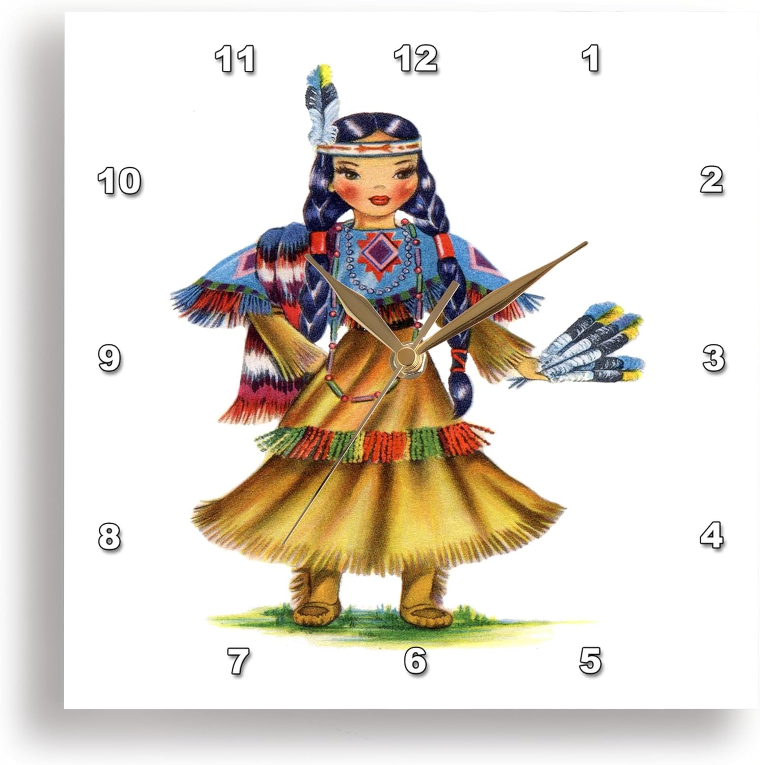 3dRose Wall Clock Silent - 15 inch - Print of Retro Native American Doll - Retro