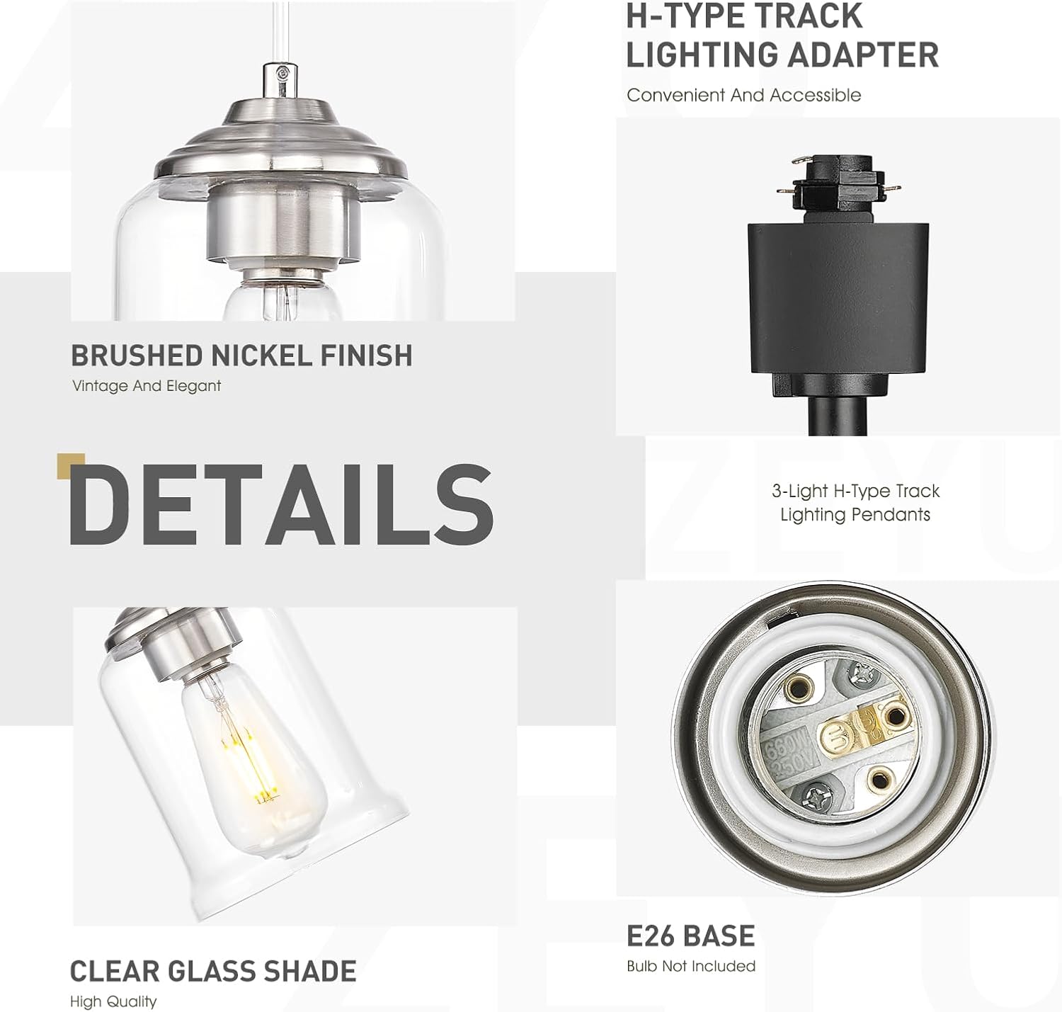 zeyu Modern 1 Pack Track Pendant Lighting, H Type Track Rail Hanging Lantern for Kitchen Dining Room, Clear Glass Shade, Brushed Nickel Finish, ZSL104TP BN