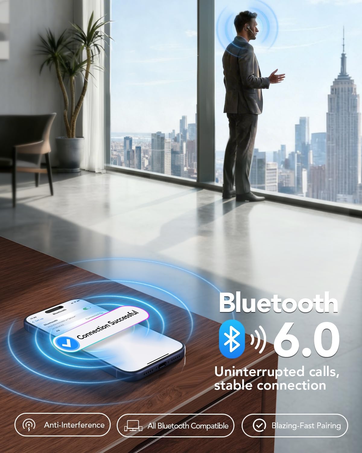 Bluetooth Headset V6.0, Open Ear Wireless Earpiece with Noise Canceling Mic, 96H Talking Time with the 950 mAh Charging Case for iOS Android Laptop, Headphones with Mute Button for Trucker Work