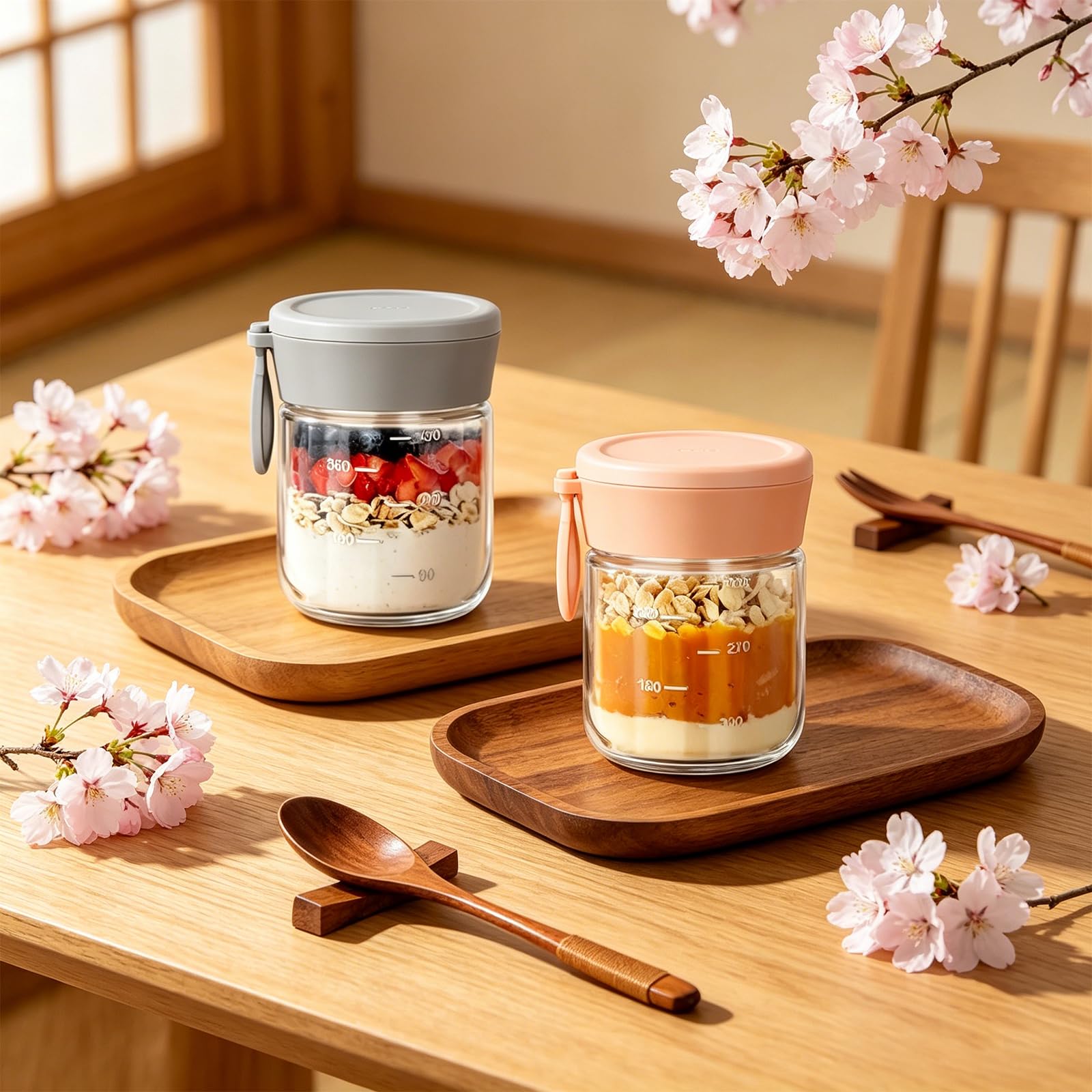 Overnight Oats Overnight Oats - Set di 4 bicchieri con cucchiaio pieghevole, multiuso, con coperchio, per separazione a secco e bagnato, per yogurt, porridge, colazione (4 pezzi, 600 ml)
