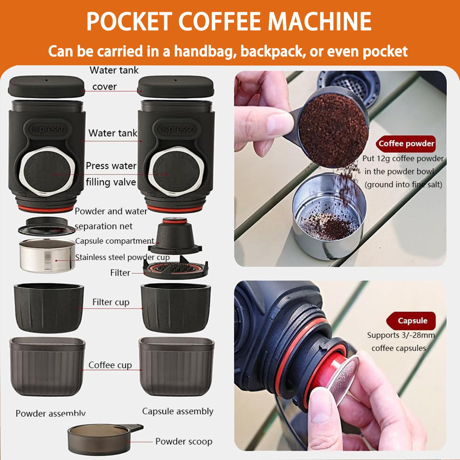 Máquina de café espresso portátil, Cafetera Express 18 bares de accionamiento manual, compatible con cápsulas NS, Cafetera Espresso sobre la marcha, ultra-pequeño para viajes Camp