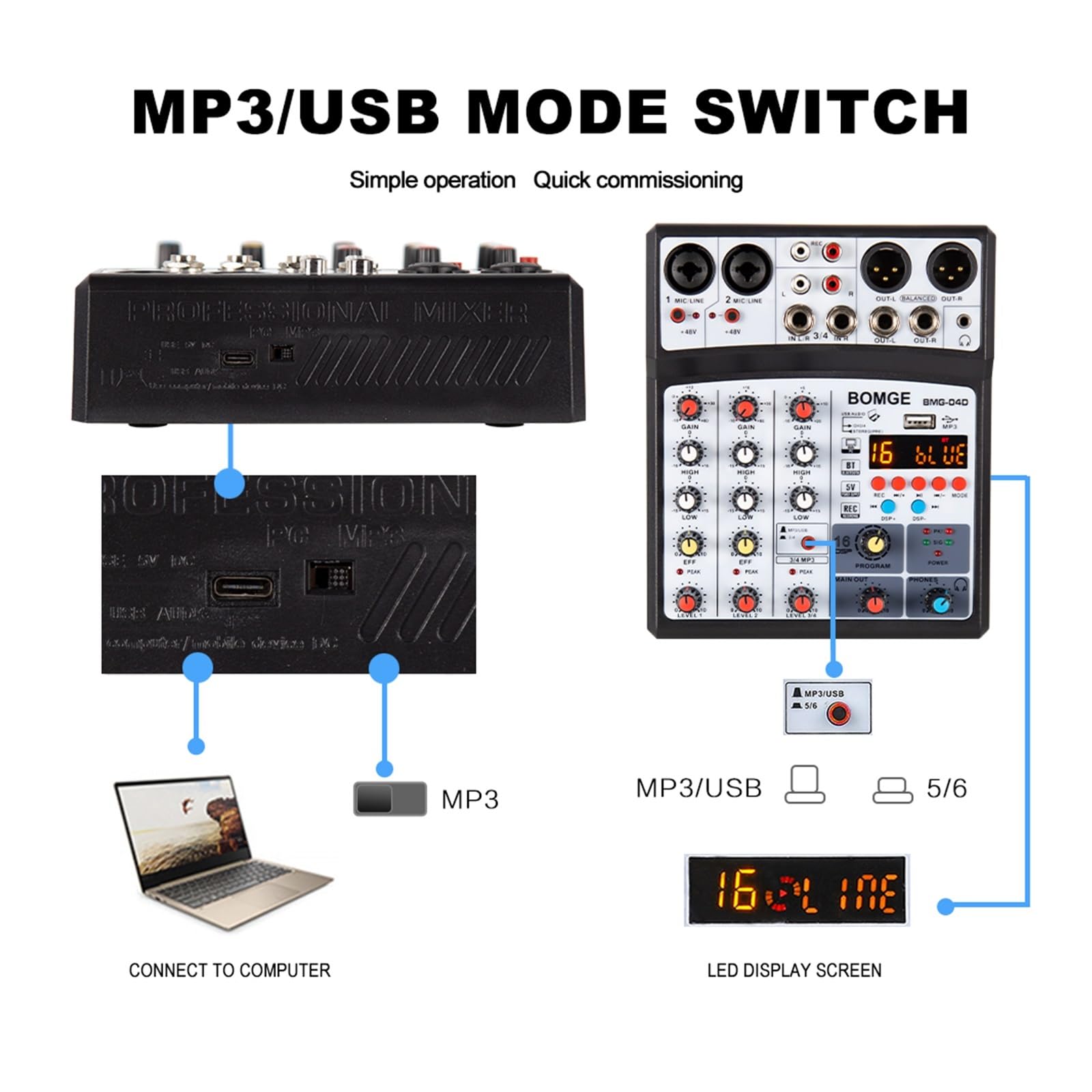 4-kanałowy 16-kanałowy interfejs miksera dźwięku DSP Echo dj z nagrywaniem MP3 USB Bluetooth Stereo(Wit)