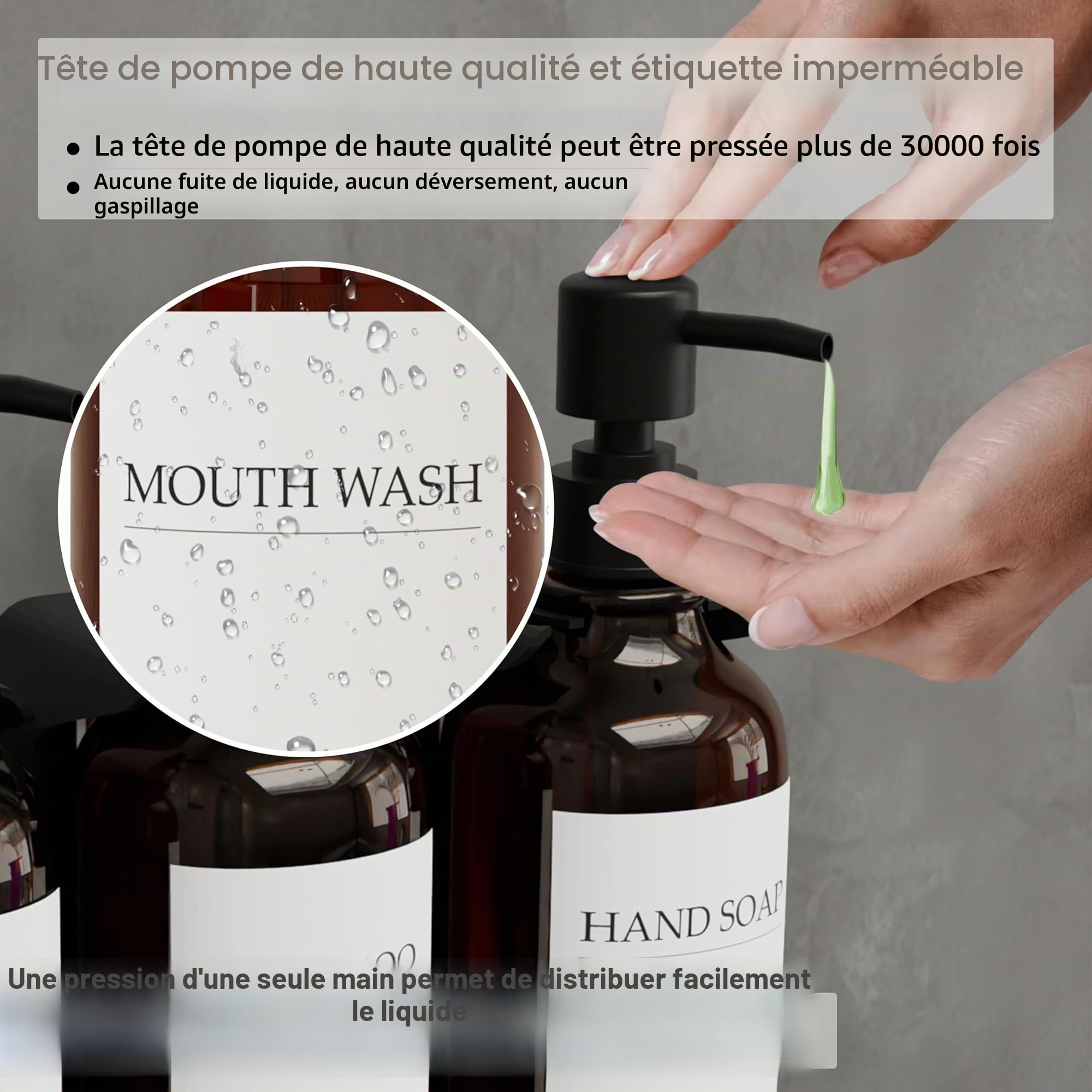 Distributeur Savon Mural sans Percage, Lot de 3, 500 ML Savon avec 16 Étiquettes Imperméables, Cuisine et Salle de Bain, Ambre