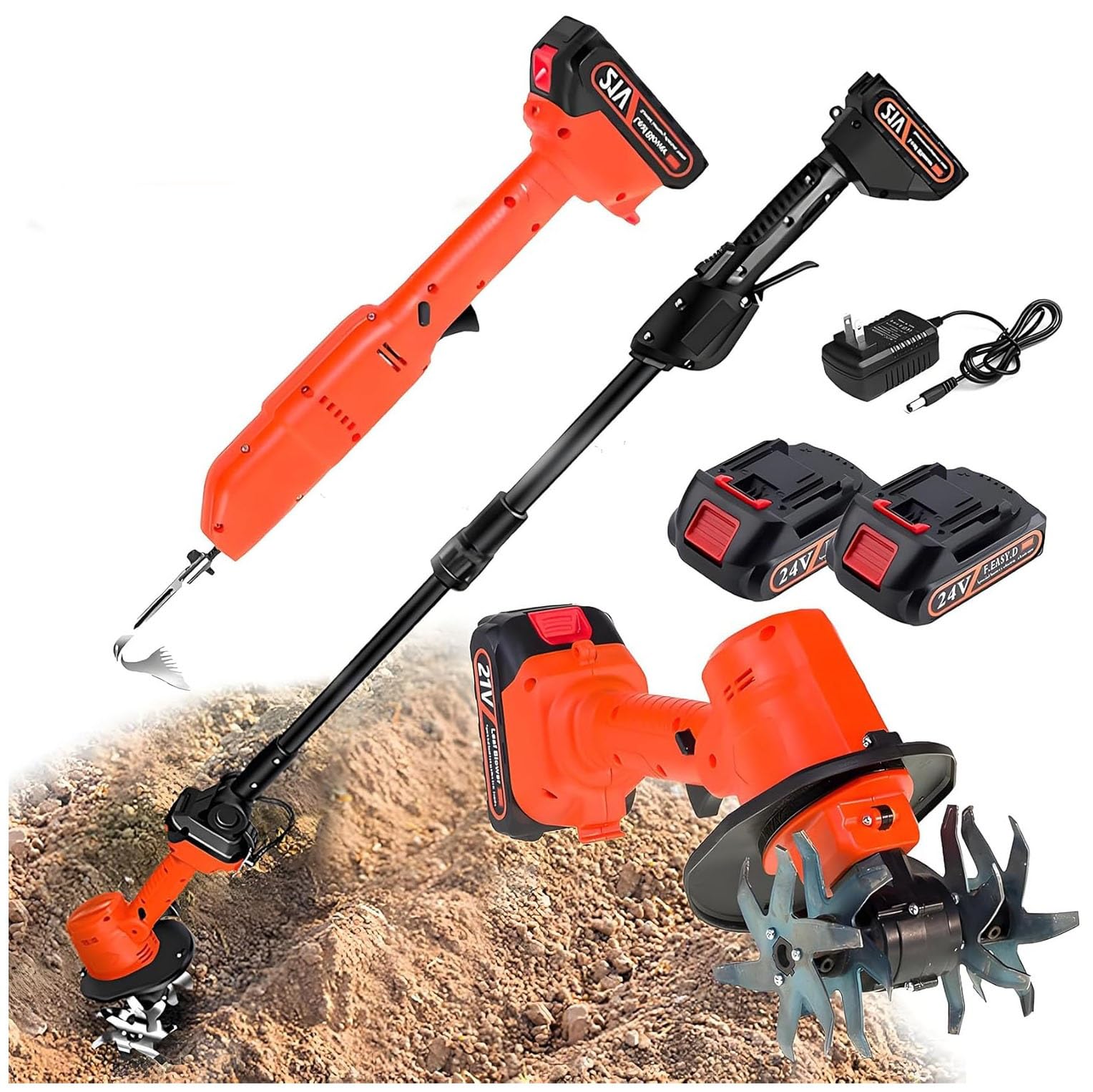 Mini azada de excavación eléctrica con poste telescópico, cultivador inalámbrico con 2 baterías, microcultivadora de mano para cortar césped, preparación del suelo, deshierbe