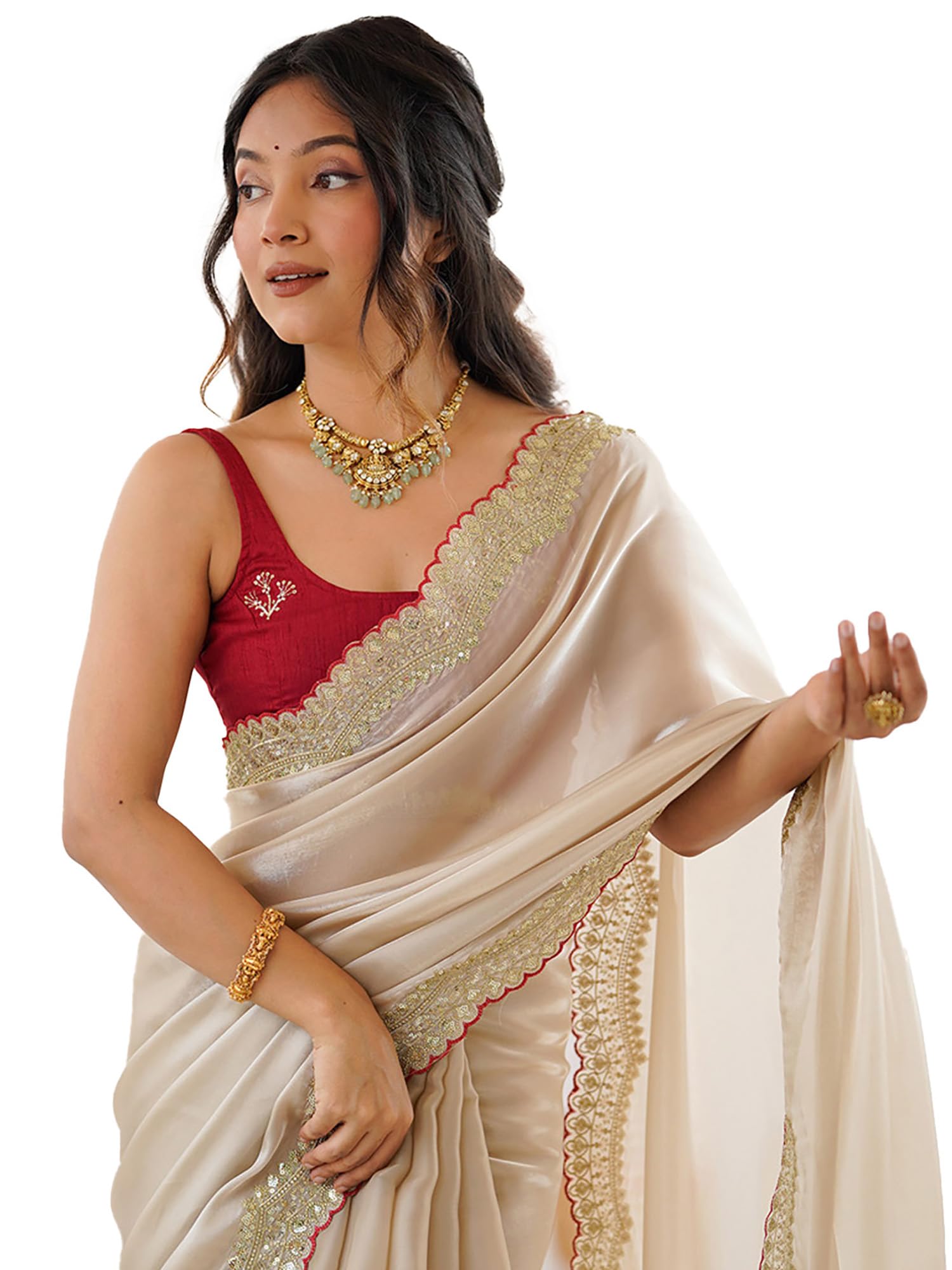Women's Beige Shimmer Satin Embellished Saree With Unstitched Blouse Piece (AARYAN19901_KR)-image-32
