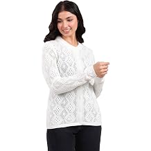 Janasya Women's Woolen Off White Self Design Casual Wear Shrug for Women