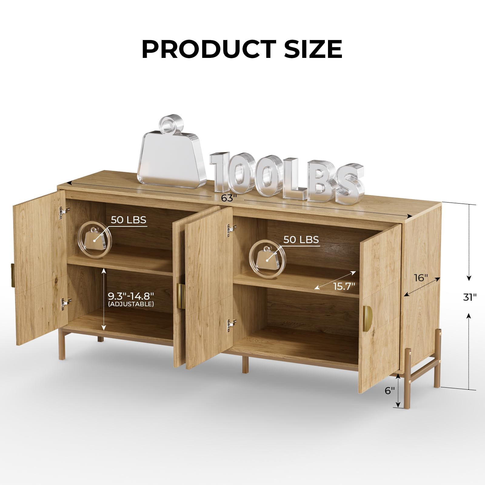 Geriffelter Buffetschrank mit Stauraum, Sideboardschrank mit 4 Türen und verstellbaren Regalen, Boho-Kaffeebar-Stationstisch, moderner Holzschrank für Küche, Wohnzimmer und Esszimmer