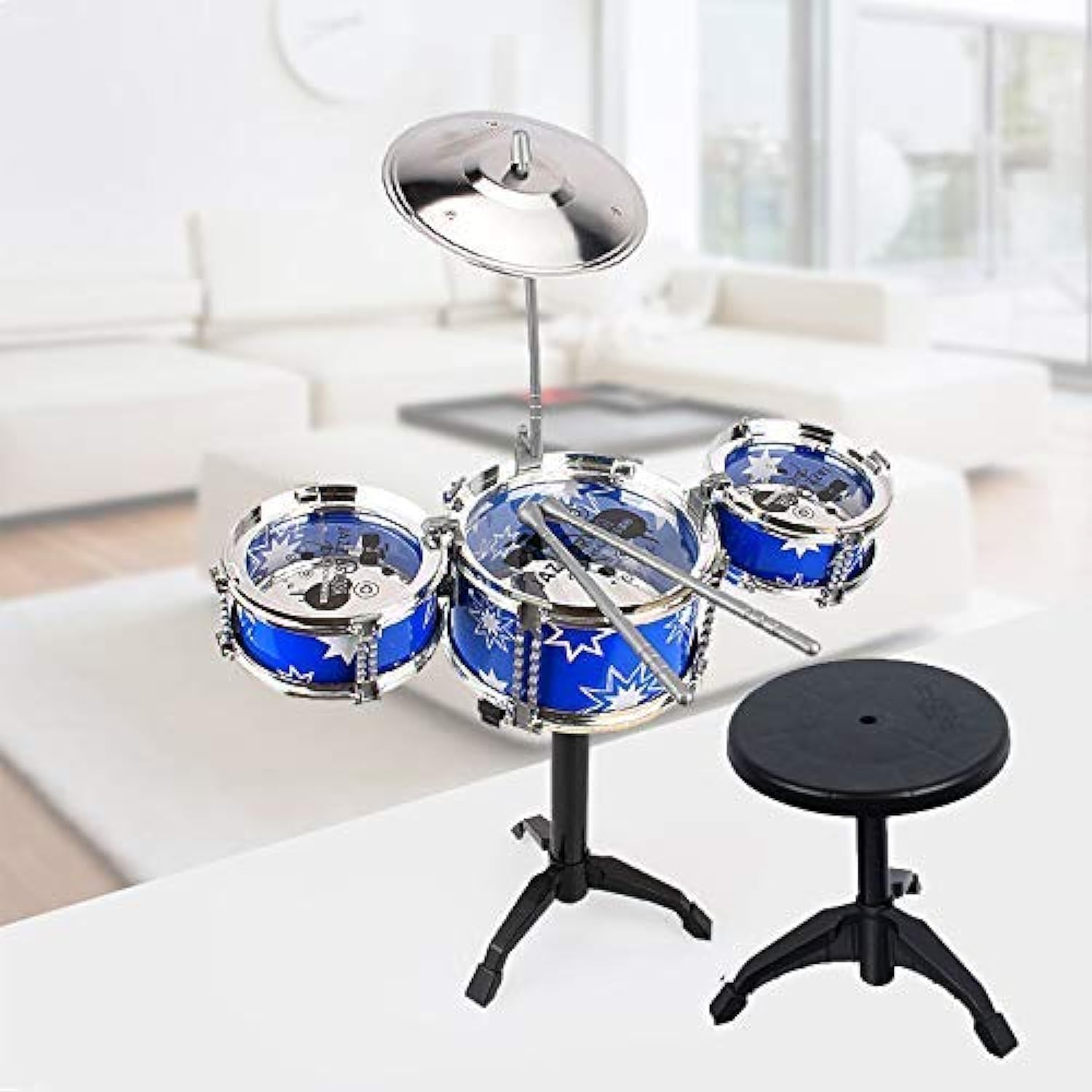 Kids Drum Set with Adjustable Throne, Cymbal & Drumsticks, Metallic Blue Christmas Toy Gift