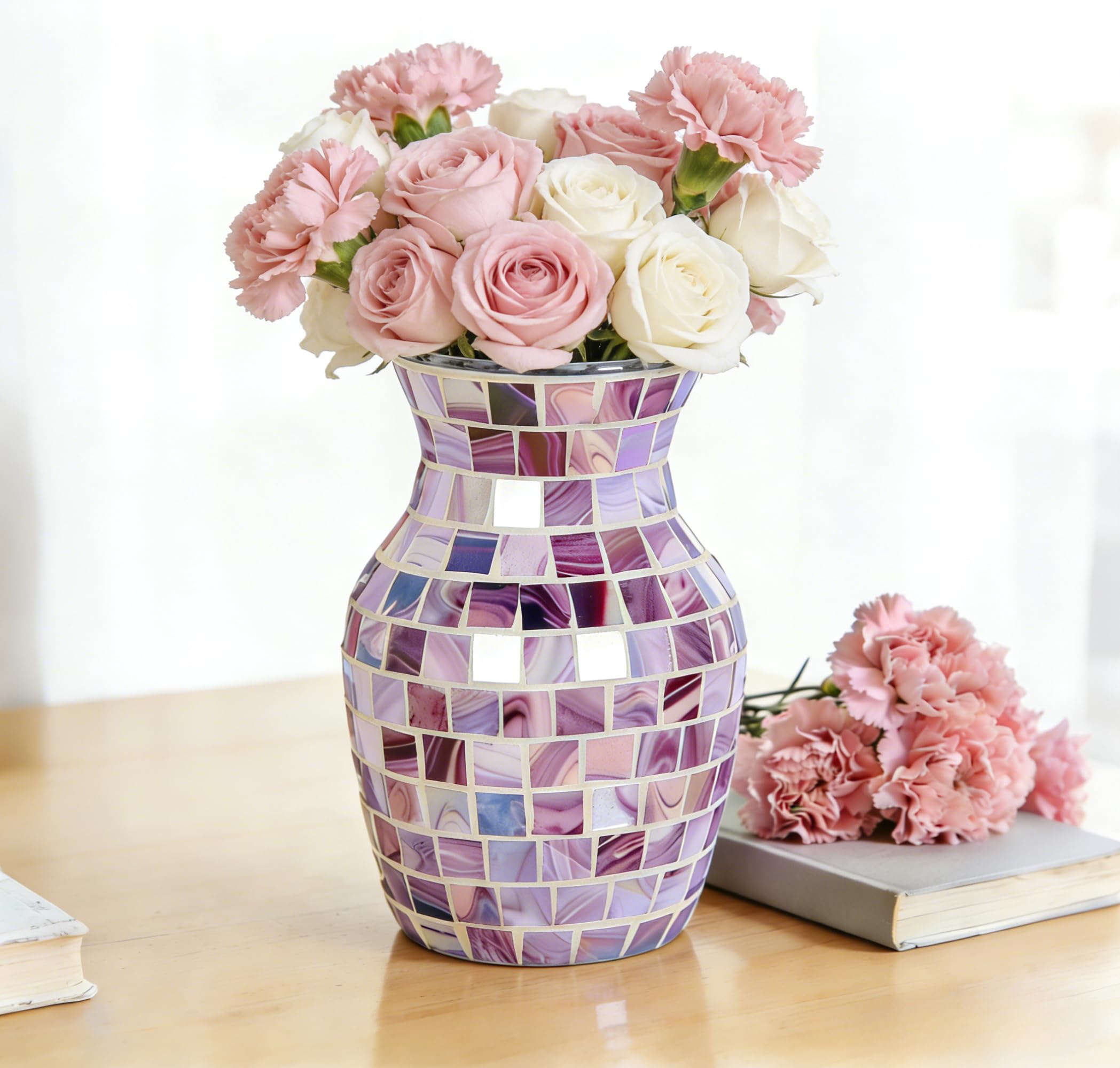 Vase en verre craquelé argenté violet fait main décoration moderne