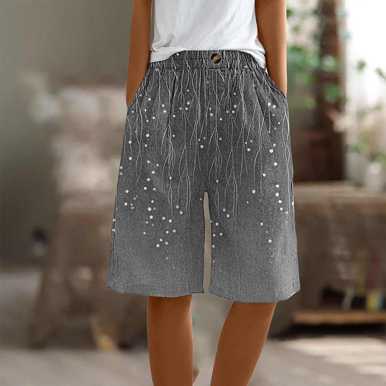 Generisch Short de sport en lin de coton pour femme, coupe ample, longueur genou, short d'entraînement décontracté avec jambes larges et taille élastique