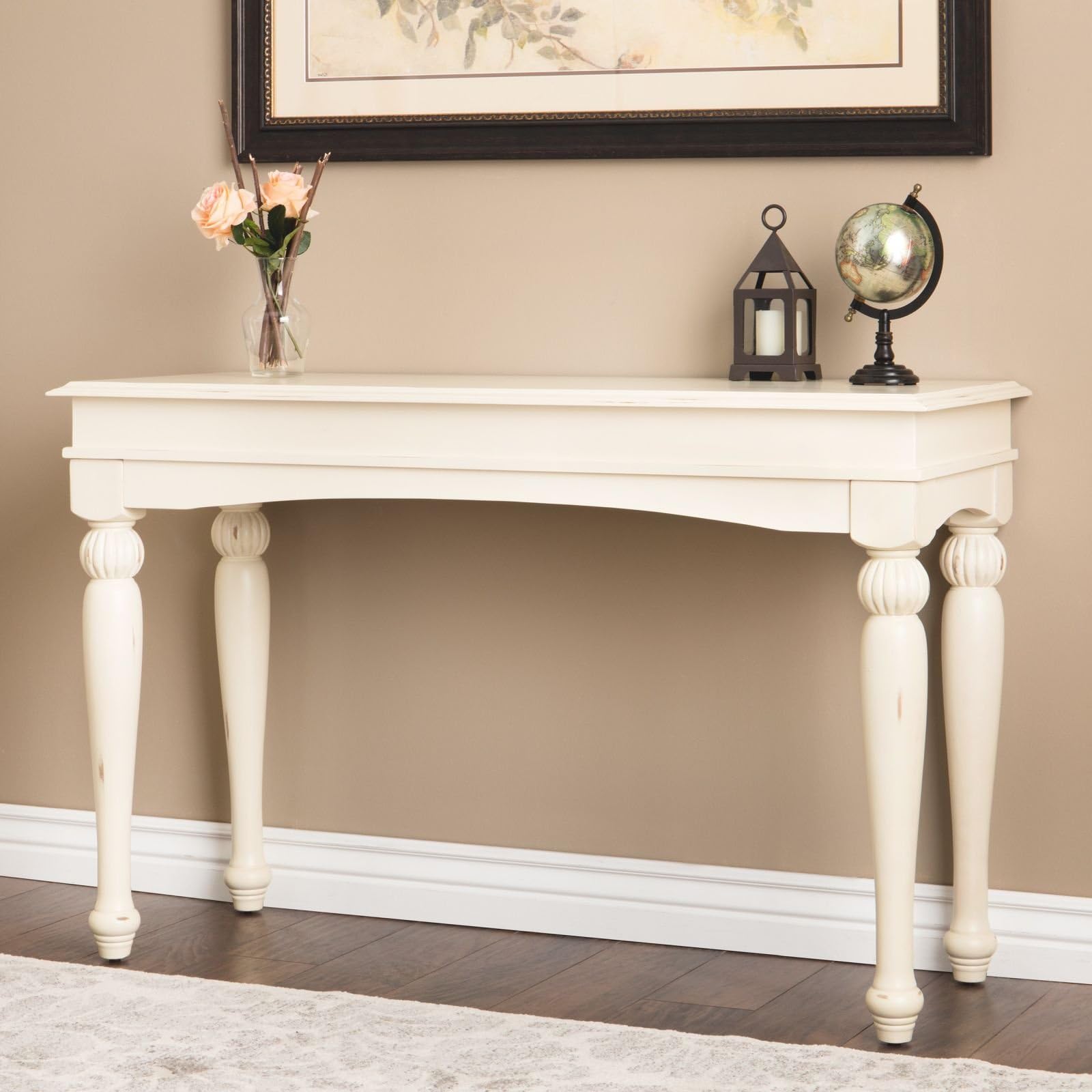 Farmhouse Sofa Table Provides Classic Style And Function. 48-Inch Long Console Suitable For Living Rooms, Bedrooms, And Office Spaces. Modern Rustic Hardwood In Distressed Cream Creates Timeless Feel.