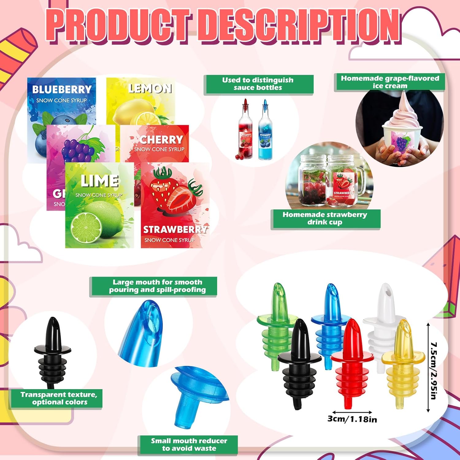 Maxcheck 12 Pcs Plastic Snowcone Syrup Bottles Snow Cone Supplies Empty Plastic Syrup Dispenser with Rainbow Pourer Plastic Long Neck Bottles for Summer Fruit Syrup Party(25 oz)