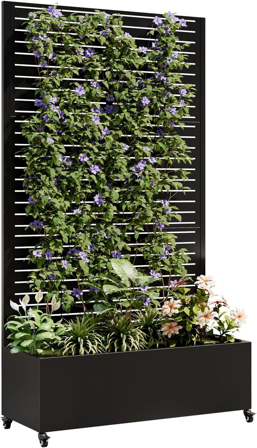 Metal Planter Box with Trellis, Galvanized Steel Outdoor Raised Garden Bed with Privacy Screen with 4 wheelsTrellis, with Drainage Holes & Lockable Casters (Square)