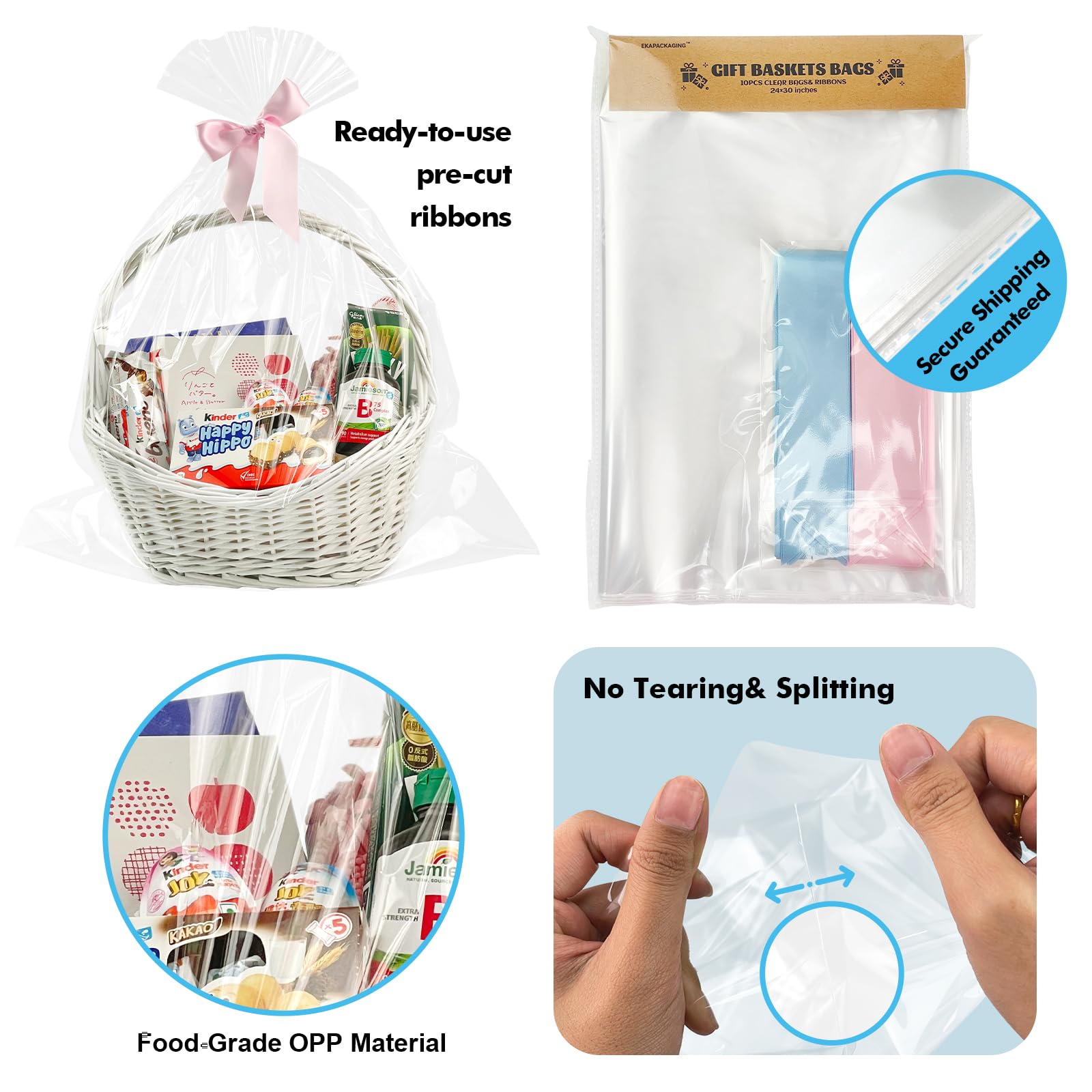 EKAPACKAGING Zestaw 10 przezroczystych taśm celofanowych, 61 x 76 cm, na prezent na Wielkanoc, Dzień Matki, przekąski, do pakowania żywności, na baby shower, jako niespodzianka, celofan