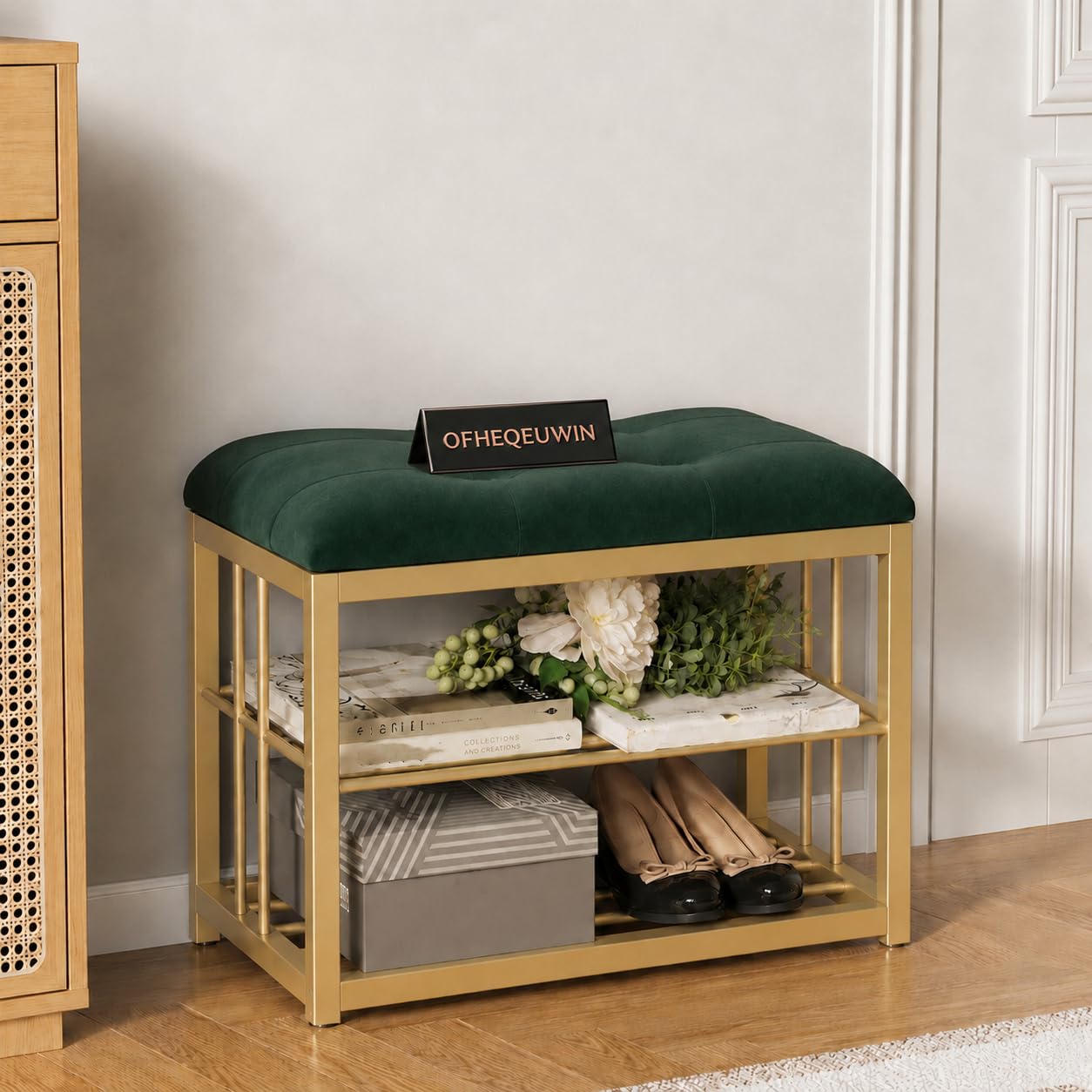 OFHEQEUWIN Modern Shoe Rack: Covered Velvet Stool with a Cushioned Seat for Setting Stool, Space-Saving Wrought Iron Shoe Rack The Hallway, Bedroom, and Living Room-Green-image-17