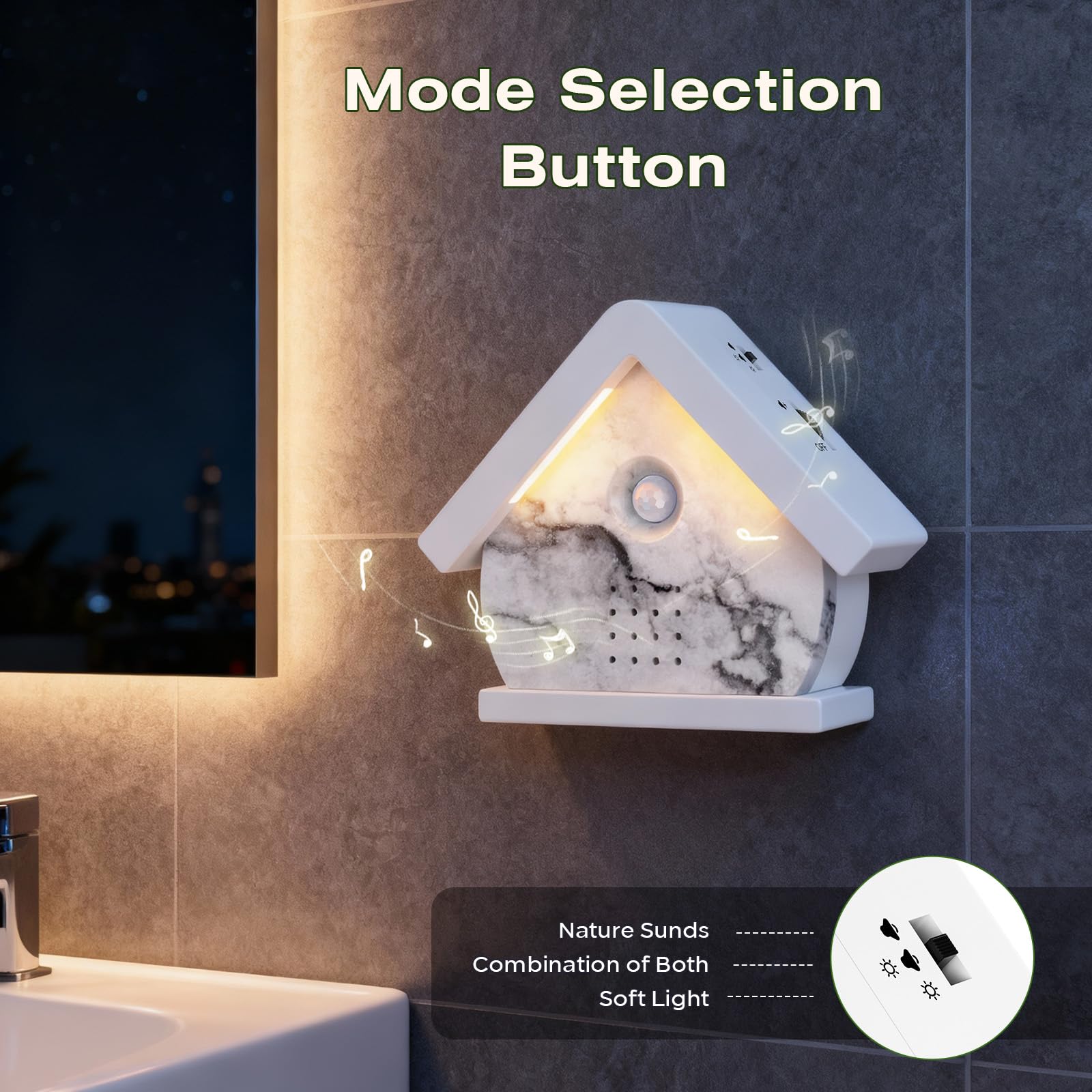 Caja de Pájaros Cantores con Sensor de Movimiento, Luces LED, Temporizador y 12 Canciones Relajantes. Caja de Pájaros Portátil con Sonido Relajante para Baño y Hogar, Adultos (White and Black)