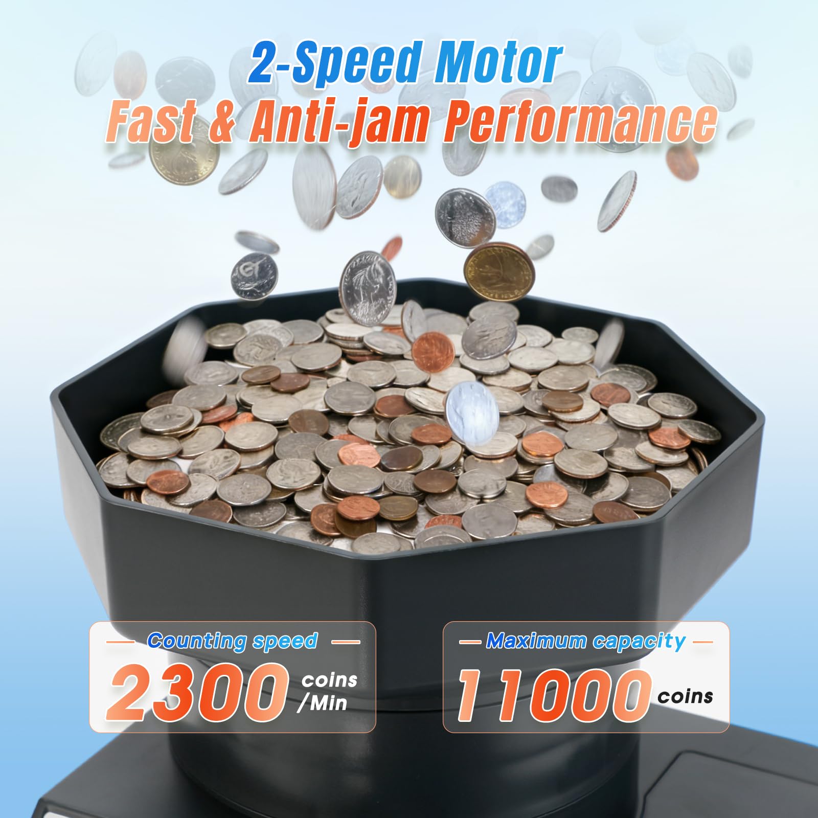 Contador y clasificador de monedas, velocidad de conteo de 2300 monedas por minuto, capacidad de tolva de 3000 monedas, adecuado para monedas internacionales