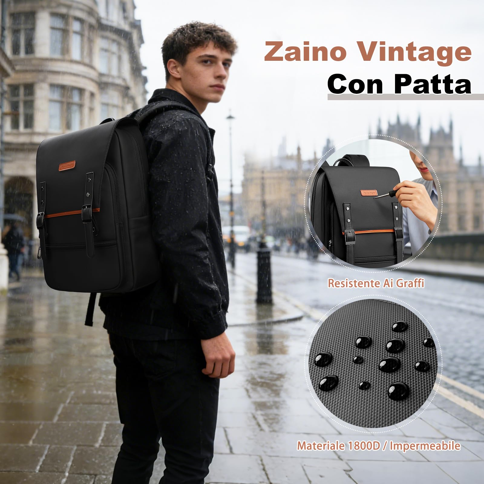 hk Zaino Vintage Uomo Donna Porta PC 15,6 Pollici | Zaino Laptop Impermeabile con Patta Magnetica, Zaino Antifurto Casual Leggero per Lavoro Università Viaggio Business, Nero