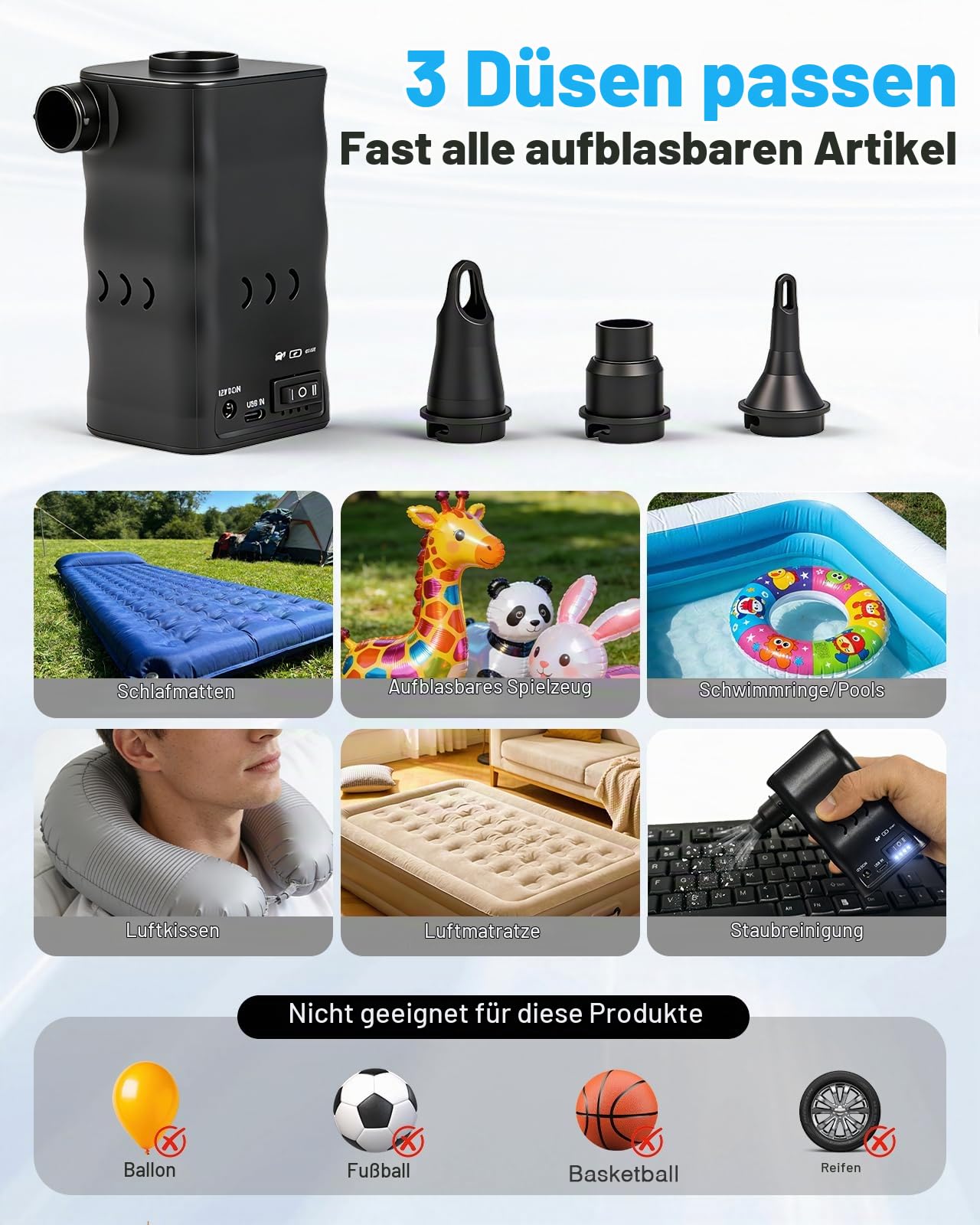 Zacro 6000mAh Elektrische Luftpumpe tragbare, 2in1 Inflate und Deflate elektrische Pumpe, USB und DC-Aufladung Akku luftpumpe eingebaute Batterie für Aufblasbaren Betten Luftmatratz Pool Schwimmring