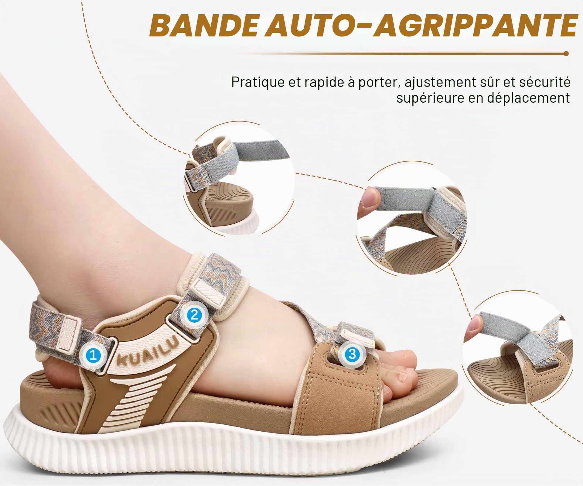 KuaiLu Sandales de Randonnée Extérieures Confort Orthopédique Soutien Voûte Plantaire Réglable Trekking en Cuir Légères Ouvertes Antidérapantes