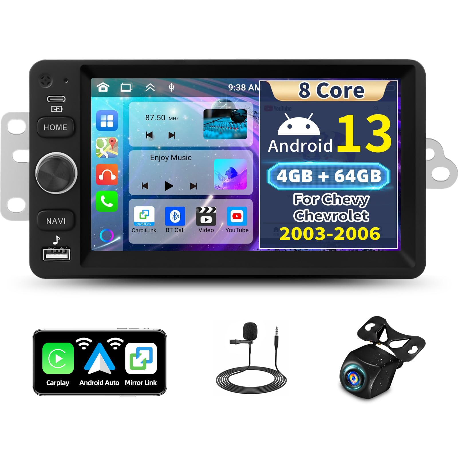 【8 Core 4G+64G】Car Radio for Chevy Chevrolet Silverado SSR Tahoe 2003-2006, GMC Siera Yukon 2003-2006, Hummer 2003-2006,with Android CarPlay/Android