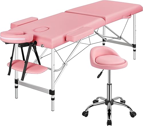 Yaheetech Mesa de masaje con taburete rodante y silla de salón ajustable Cama de masaje de aluminio Taburete giratorio Mesa de encerado Cama de