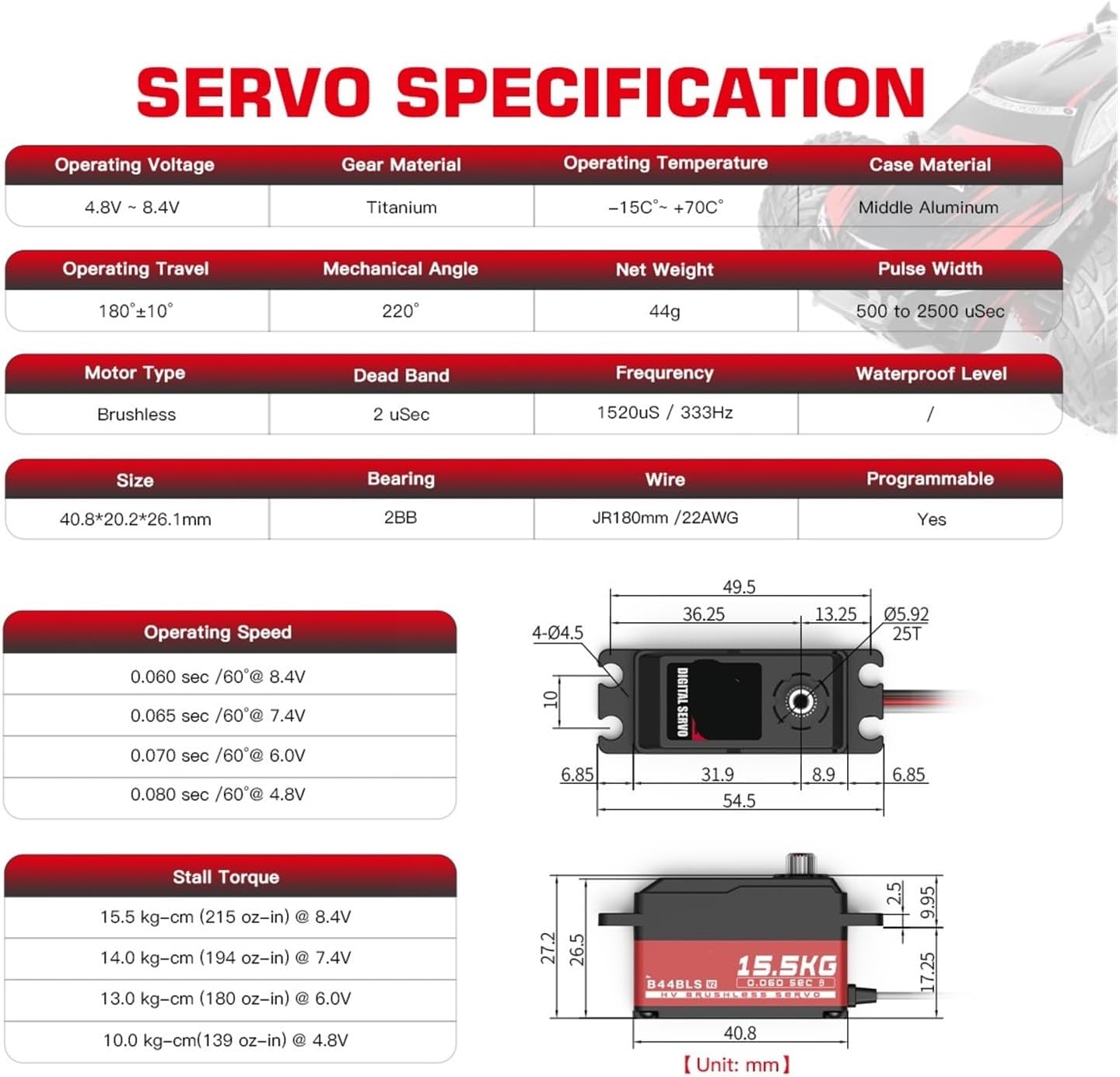 B44BLS V2 45g Gear Super High Speed ​​0.062 sec 15.5KG Low Profile Brushless Digital Remote Control Servo Suitable for 1/10(B45CLS 14KG Servo)