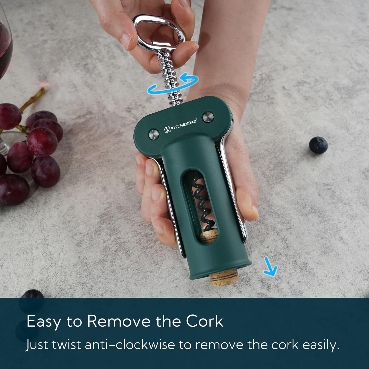KITCHENDAO 3 in 1 Wing Corkscrew Wine Bottle Opener with Foil Cutter, Built-in Beer Bottle Opener, Multifunctional Wine Opener with Non-Stick Sharp Screw, Easy to Use, Manual Wine Corkscrew, Green image 4