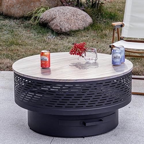 Miniatura 10 de OutVue Fogatas de leña de 26 pulgadas con parrilla y tapa, mesa para fogata para exteriores con cubierta impermeable y póquer para fuego, hoguera al