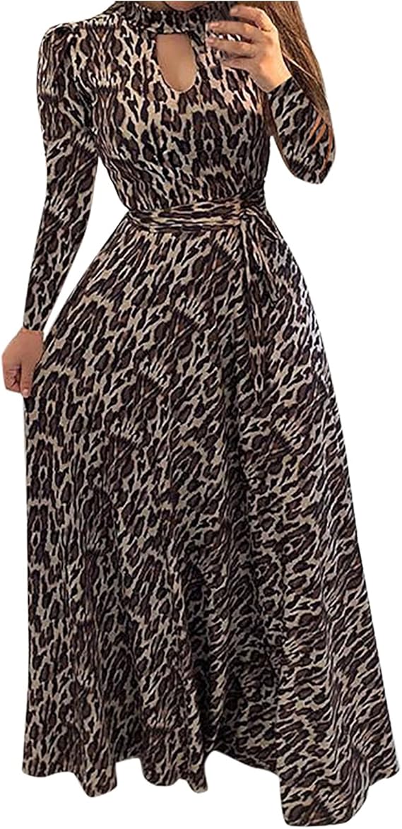 AMhomely Summer Dress for Women,Ladies Long Sleeve Bandage Print O-Neck Button Down Casual Long Dress UK Size