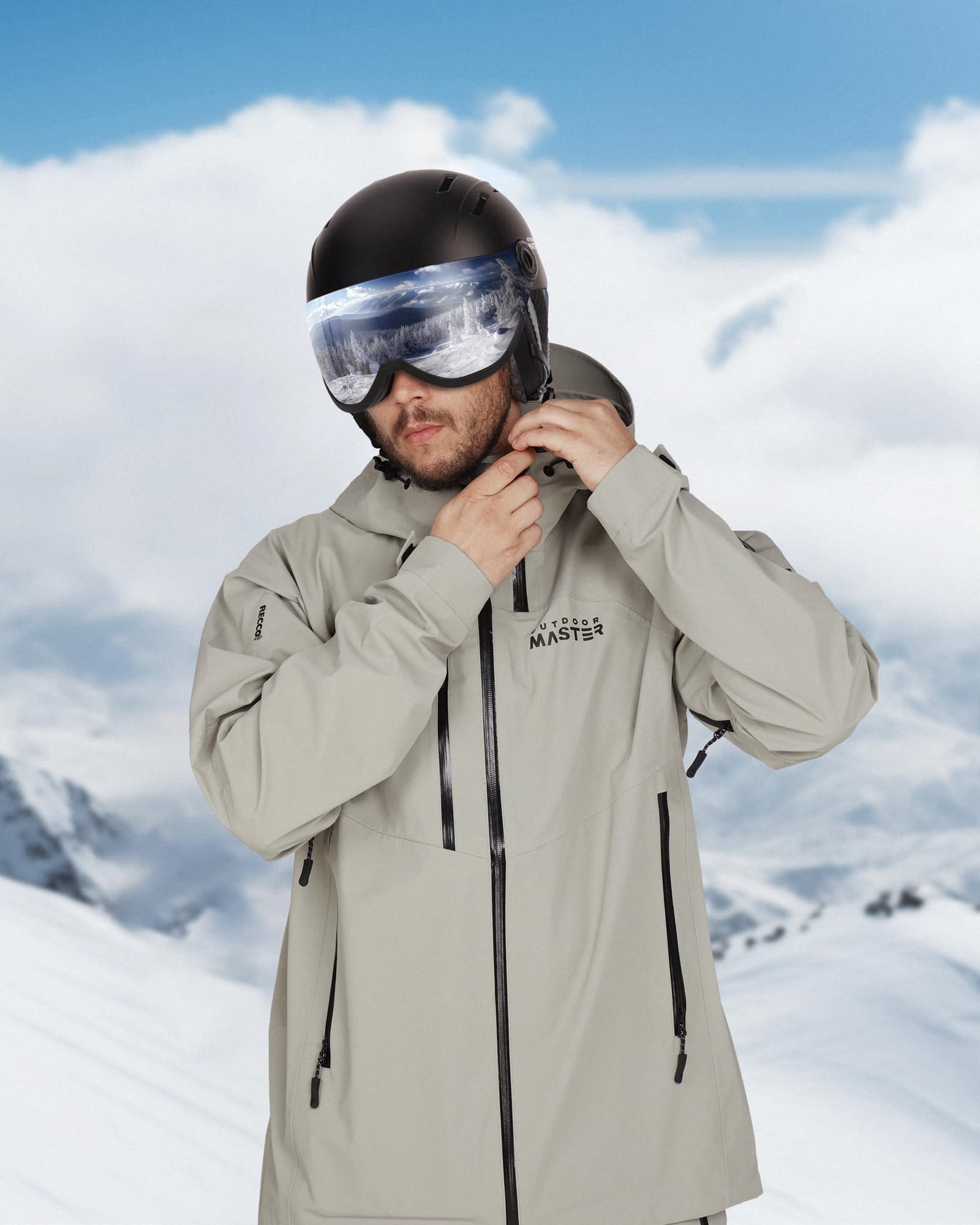 OutdoorMaster Snowboardhelm mit Skibrille, 2-in-1-Visier, abnehmbare Brille, EPS-Schaum, 14 Kühlöffnungen, Schnee-Helm für Herren, Damen, Jugendliche