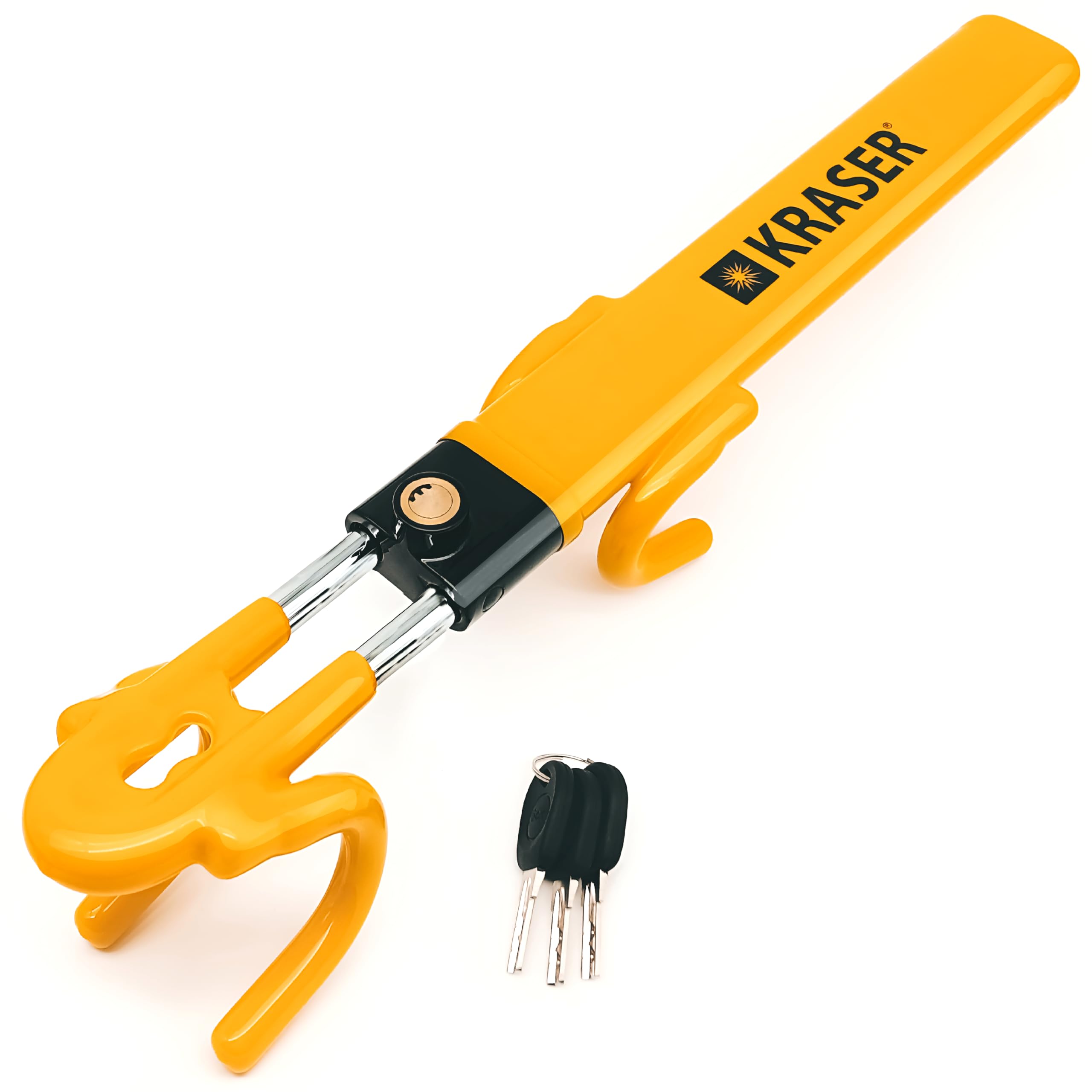 KRASER KR842Y Lenkradkralle mit Doppelhaken, Maximale Sicherheit Stufe 10, Robustes und Sichtbares Lenkradschloss, Lenkradsperre Wohnmobil, Universal Wegfahrsperre Diebstahlsicherung für Auto PKW