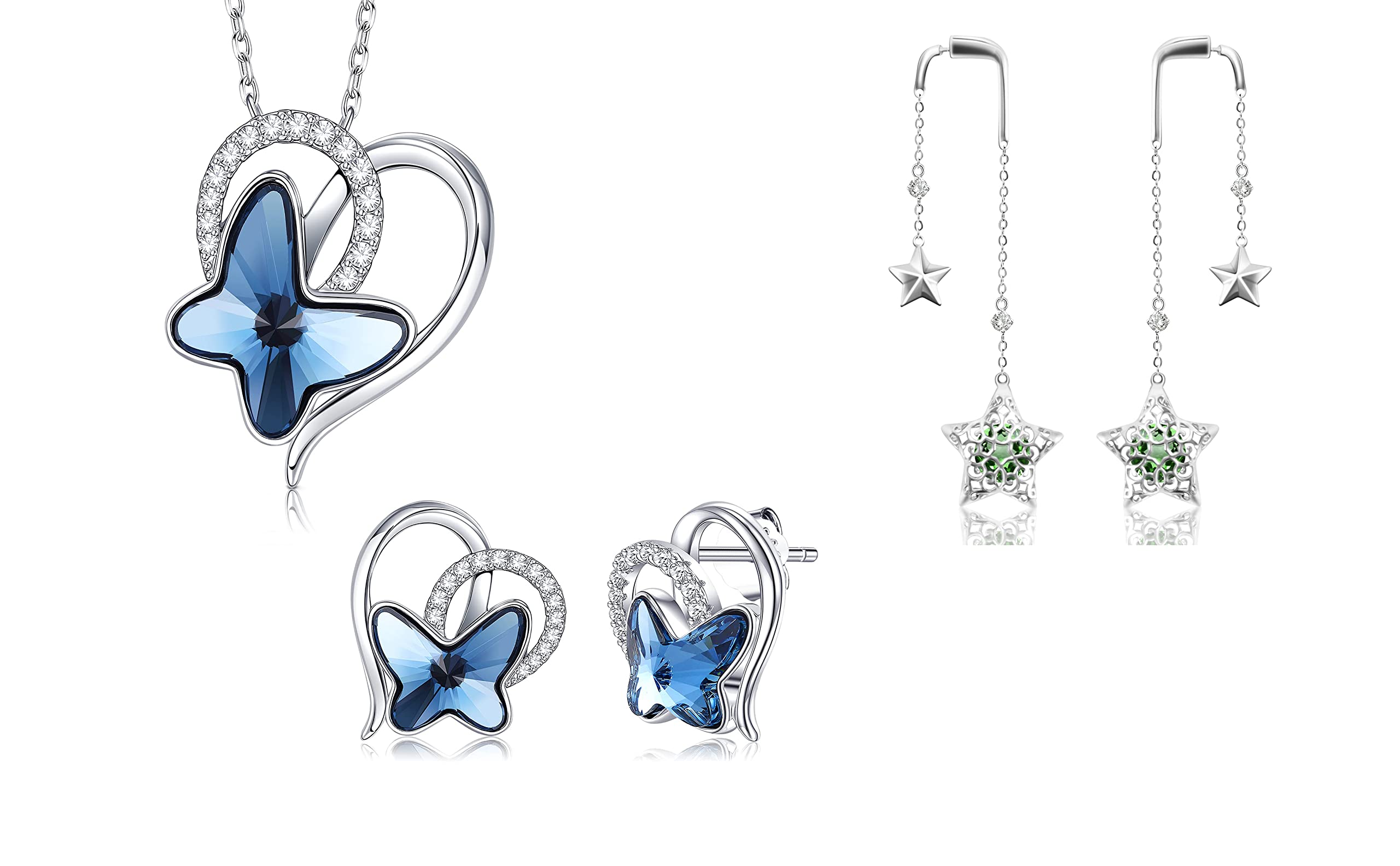 KANNSOAR Sterling Ssilver Earrings Blue Zircon Butterfly Heart Earrings and Front and Back Buckle Drop Star Earrings