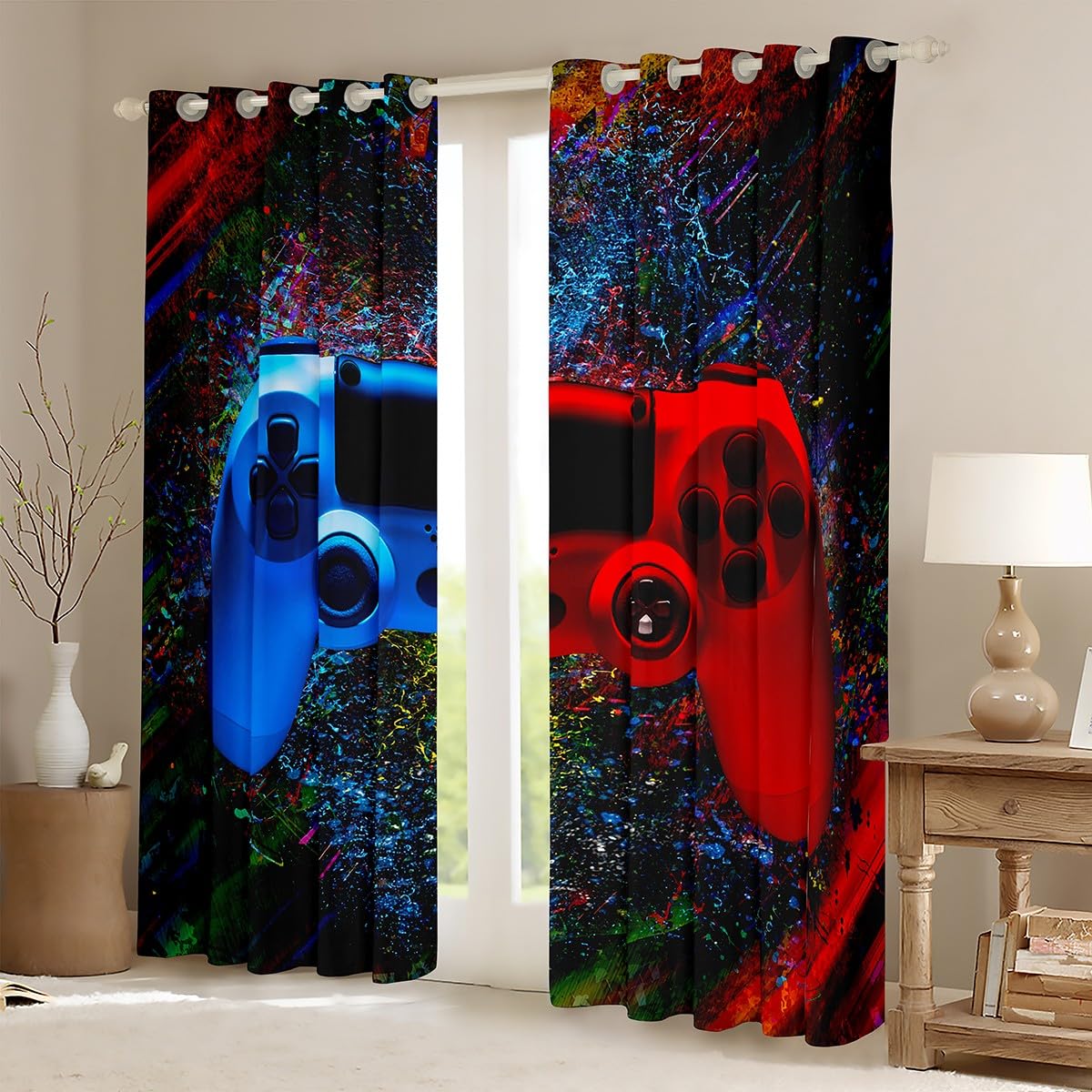 Teens Gamer Window Curtains for Bedroom Living Room Gaming Curtains Colorful Tie Dye Window Drapes for Boys Girls Kids Blue Red Video Game Gamepad Window Treatments W52*L63 - Image 2