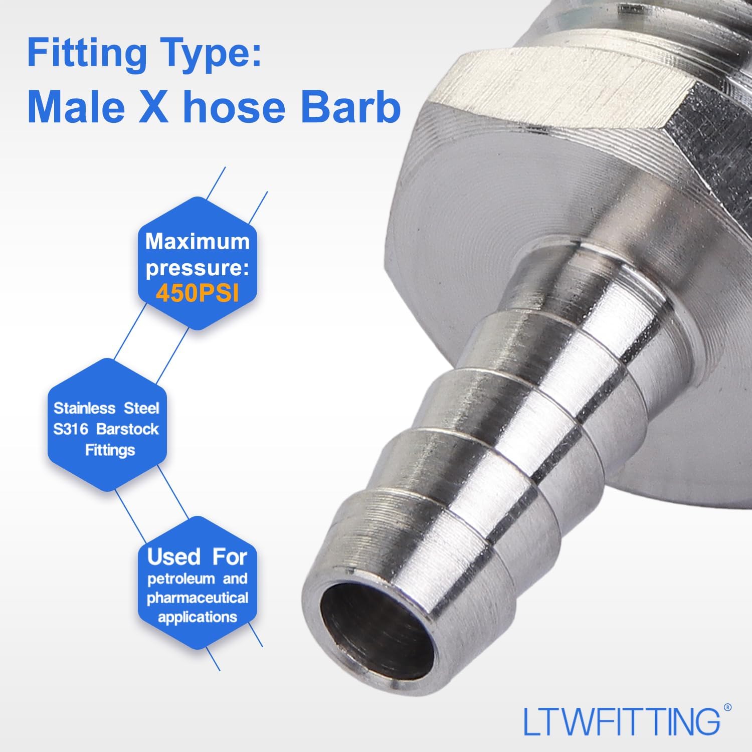 LTWFITTING Bar Production Stainless Steel 316 Barb Fitting Coupler/Connector 5/16" Hose ID x 1/2" Male NPT Air Fuel Water (Pack of 25)