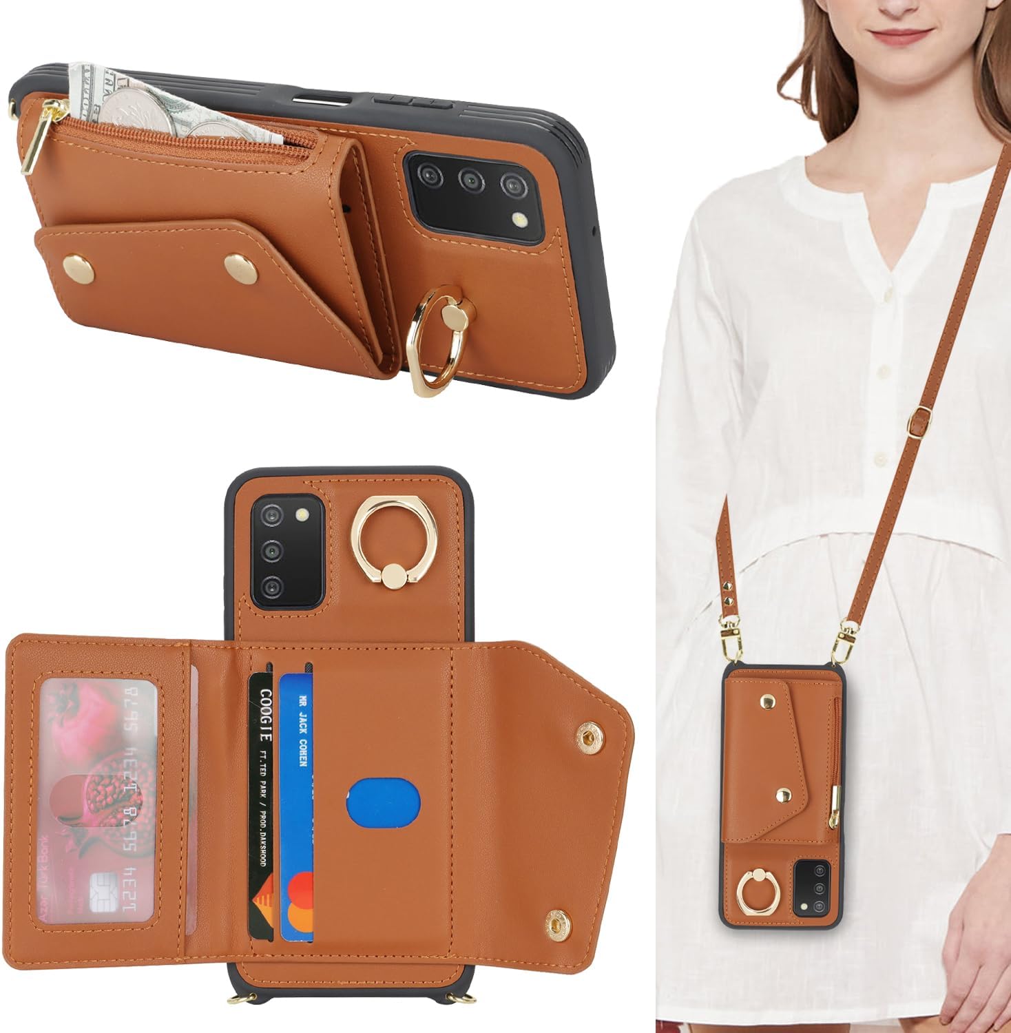 Lipvina for Samsung Galaxy A03s 5G Case with Card Holder and Strap - Zipper Pocket,Crossbody Lanyard Strap,Credit Card Holder,Stand Ring,Cute Phone Wallet Case for Women(Brown,6.5 Inch)