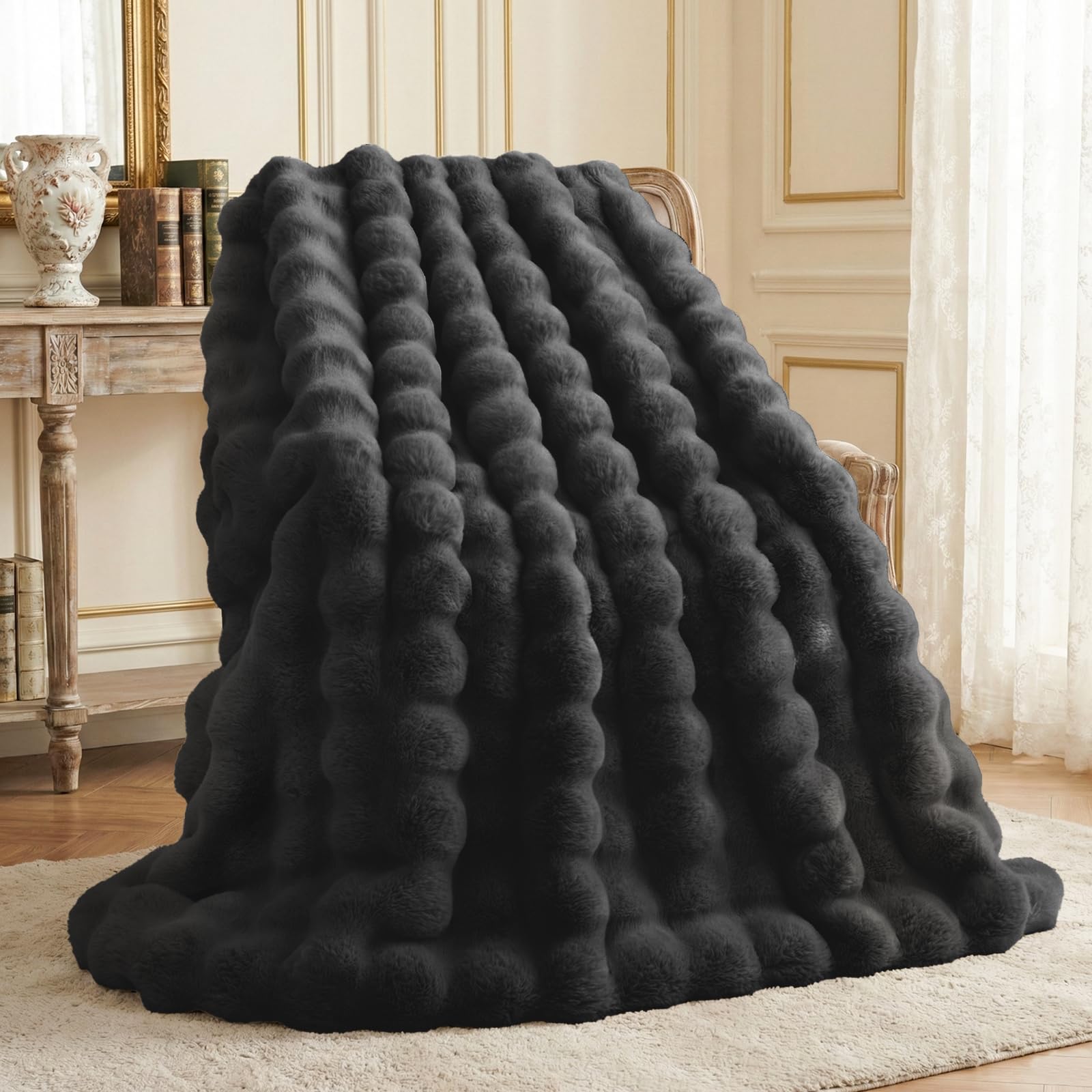 L'AGRATY Faux Rabbit Fur Blanket: 130x160cm Luxury Soft Fluffy Thick Fur Throw Blanket for Couch Bed Sofa - Cozy Plush Bubble Blankets with Warm Flannel Fleece(Single,Black)