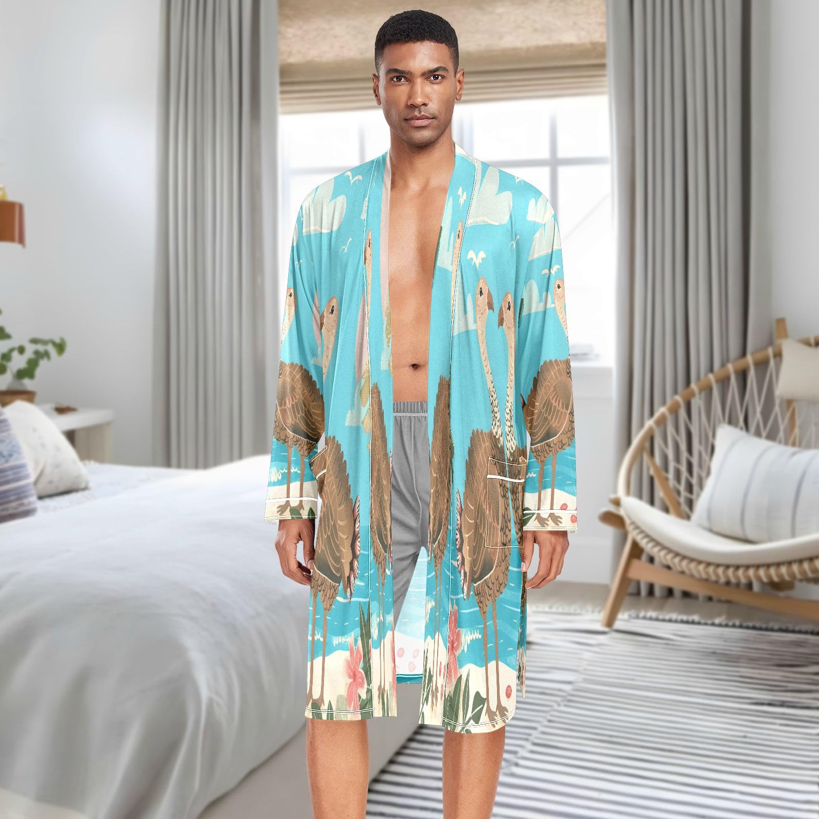 The Seaside - Accappatoio da uomo, leggero, con due simpatici tacchini che si abbracciano a vicenda