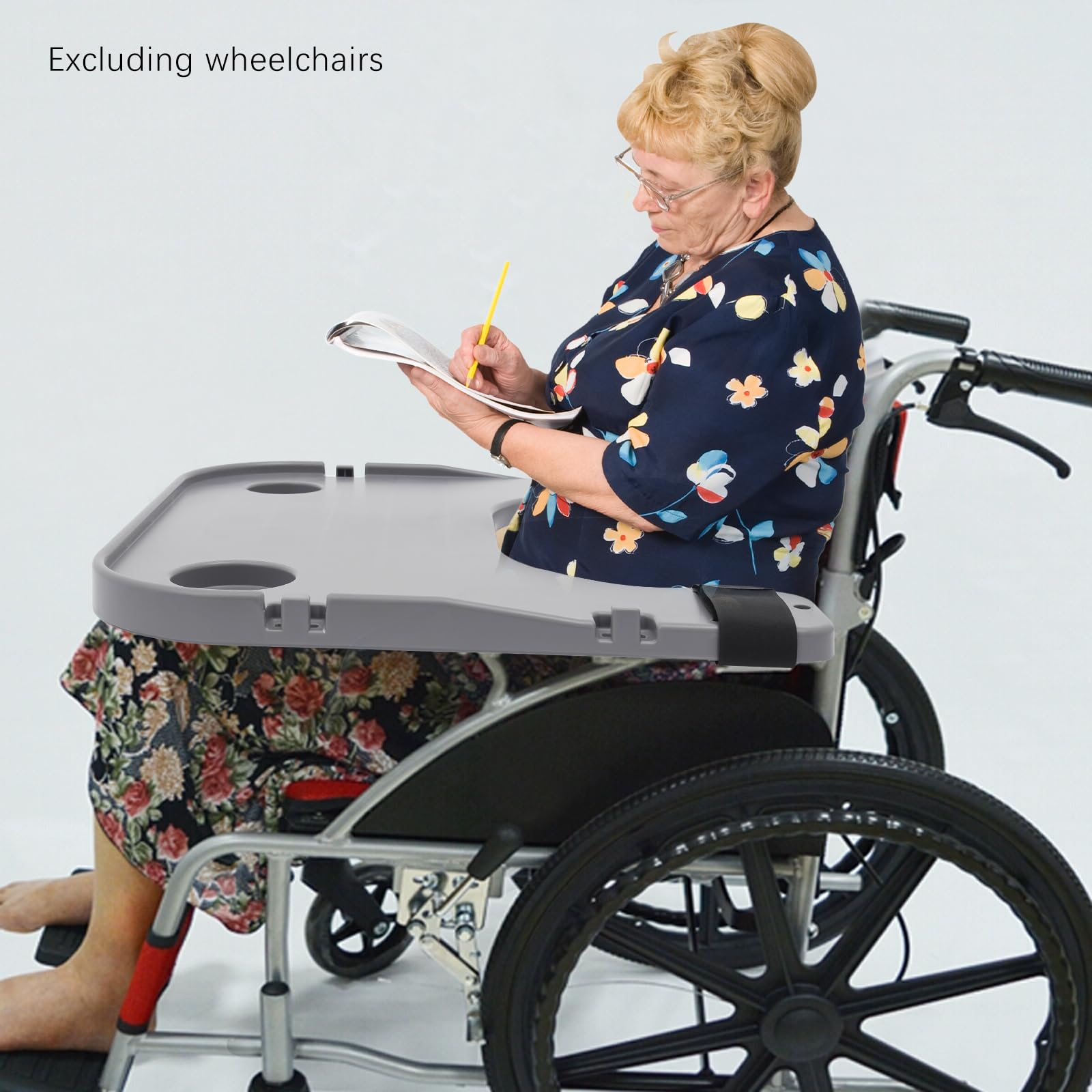 Mesa para silla de ruedas, 22,83 x 20,87 pulgadas, bandeja para silla de ruedas, se puede utilizar para comer, leer, escribir, jugar (gris)