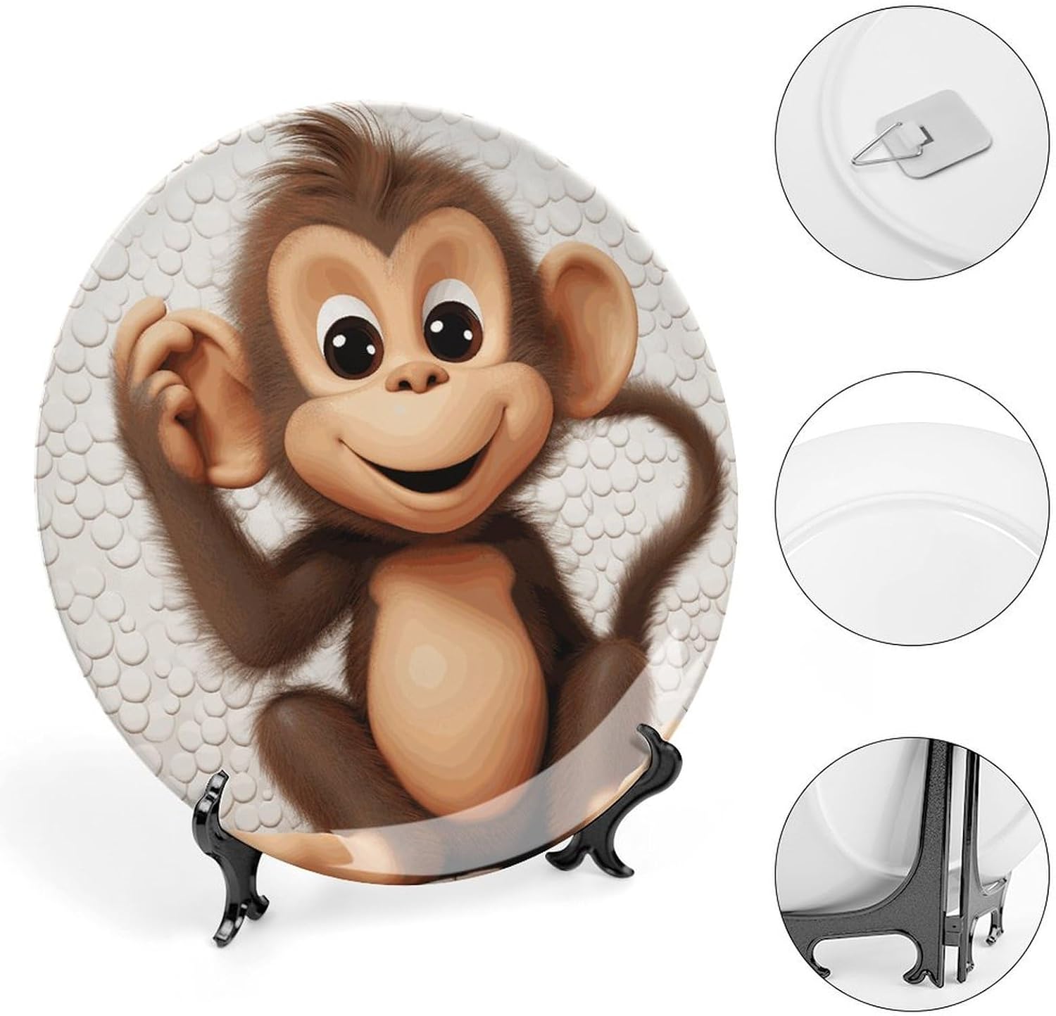Cute Monkey Bone China Decorative Plate with Display Stand, Ceramic Ornaments Plate for Wall Hanging, Personalized Porcelain Plates for Office, Living Room 8inch