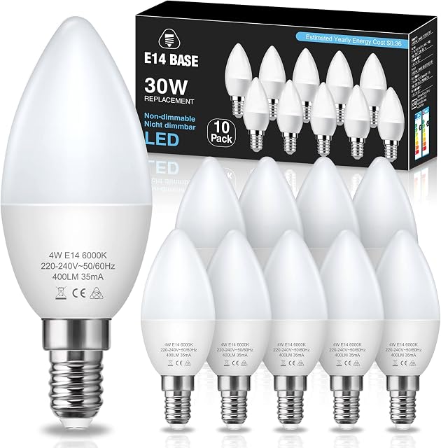 Fulighture E14 LED Light Bulb Cool White [10-Pack], Daylight White 6000K, 4W (40W Incandescent Equivalent) 400lm, Small Screw Candle Light Bulbs for Chandeliers, Wall Lamps, Non-Dimmable
