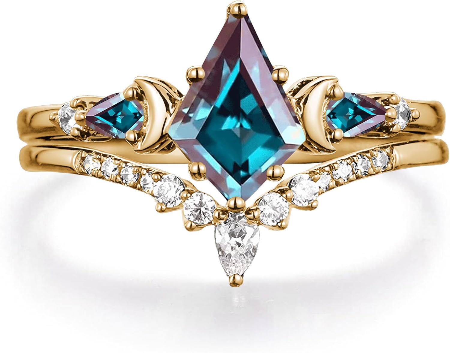 2CT Kite Cut Gemstone Engagement Ring Set for Women 10K 14K 18K Gold Triple Moon Custom Wedding Band Gemstone Art Deco Ring Jewelry for Anniversary Christmas Free Engrave