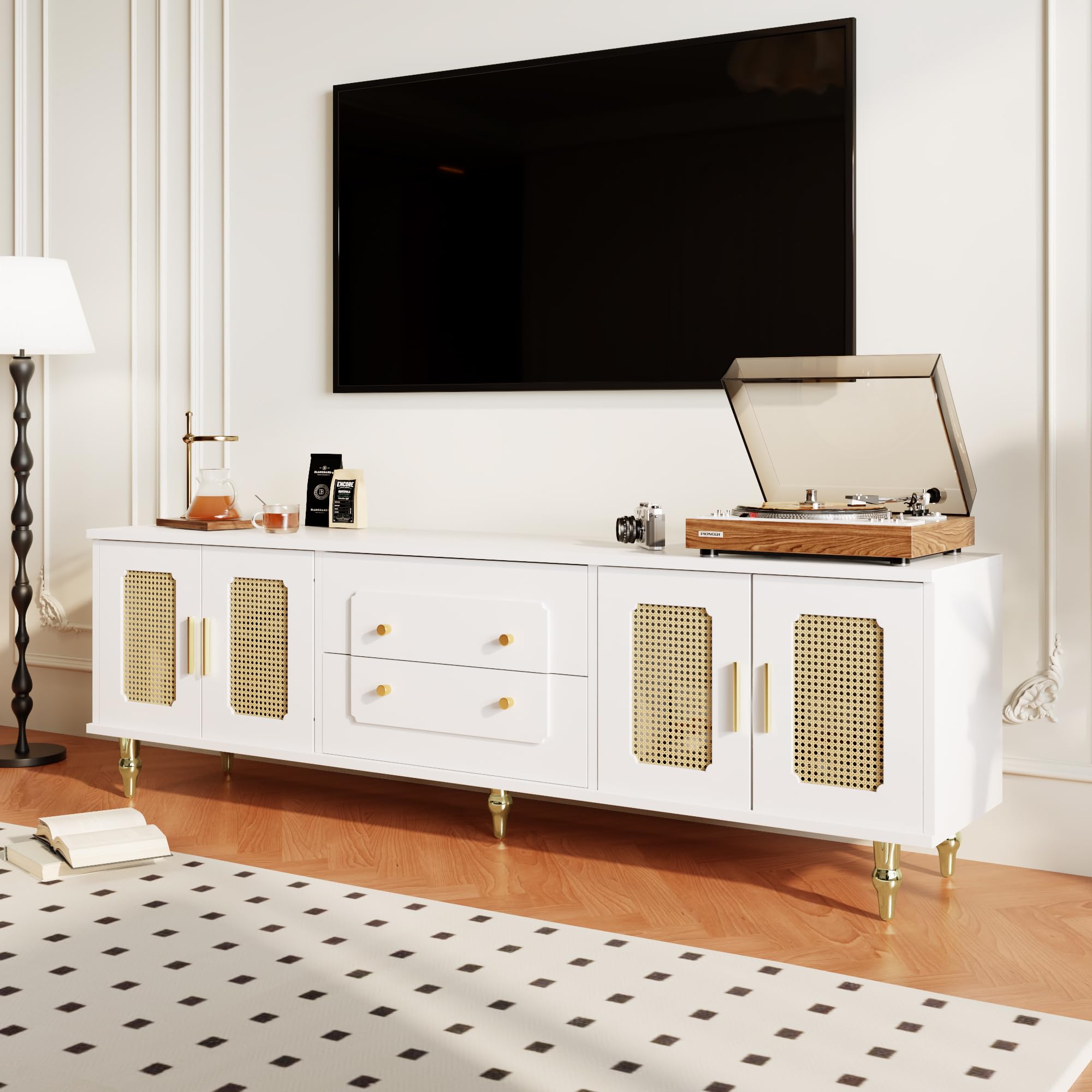 Modulo TV, Mueble de Salon TV, Armario Bajo con Puerta de Ratán, Moderno Estilo Rústico Mueble para Salon con Patas de Metal y 2 Cajones, para Televisión de 70-79 In, 175x38x55.5 cm (Blanco)