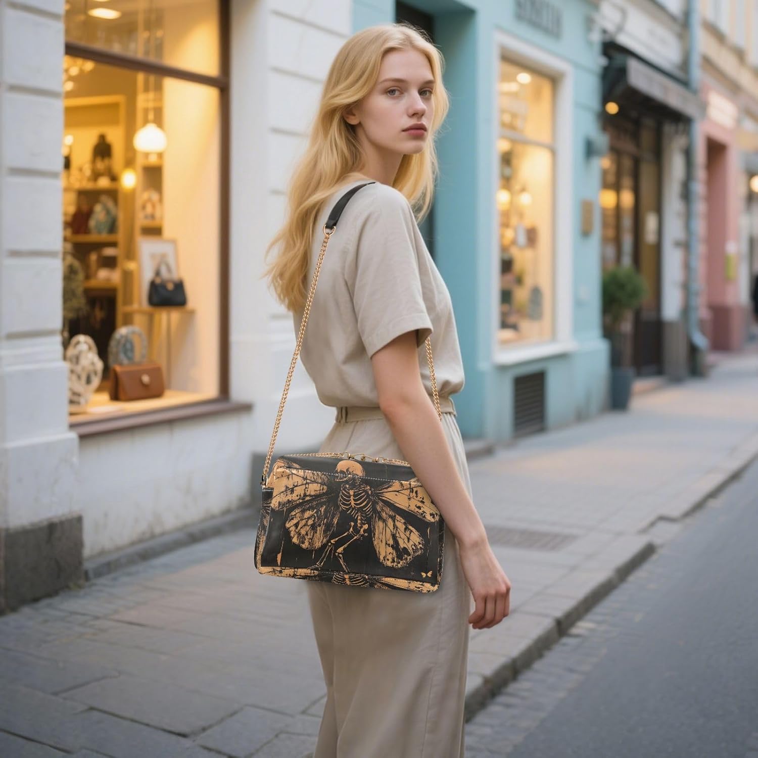 Women Crossbody Bag Shoulder Handbag Cellphone Purse Skull with Wings Print, PU Leather Metal Chain Strap Water Resistant Zipper Closure