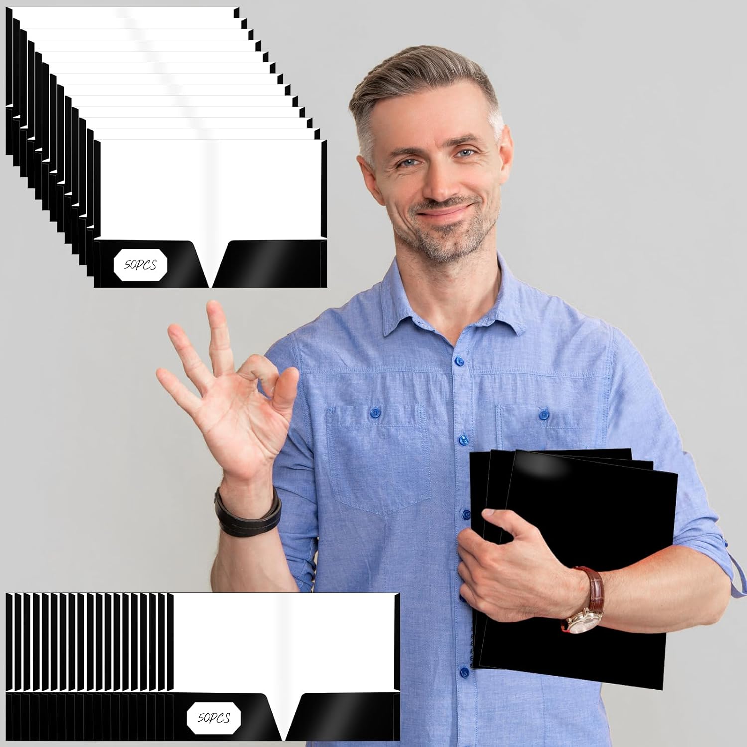 Jutom 50 Pcs 2 Pocket Glossy Paper Folders Glossy Paper Laminated Portfolios, Letter Size, Presentation Folders with Pockets for Office Teacher Worker Supplies(Black Color)