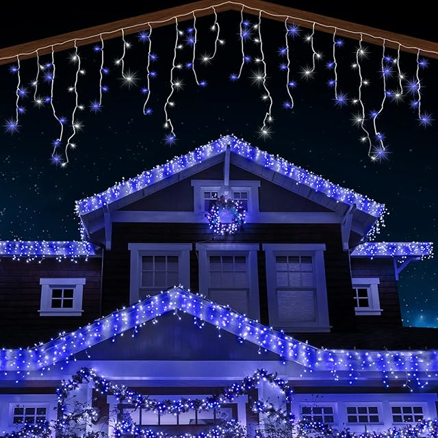 ANSIO® Outdoor Christmas Lights 220 LED 7.5m/24ft Icicle Lights Outdoor & Indoor Blue & Cool White Decorations String Fairy Outside Lights with Timer for Xmas Garden Bedroom & Party |Mains White Cable