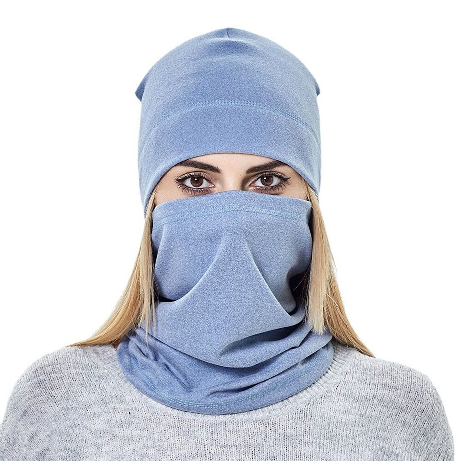 Micoop Unisex Sky Blue Fleece Beanie Hat And Neck Warmer Set Light Weight Solid Color Skull Cap Scarf Mask For Men And Women (Sky Blue)