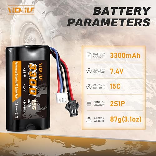 Miniatura 2 de Batería de iones de litio de 7.4 V 3300 mAh RC de alta capacidad con enchufe SM-2P 2S recargable con 1 a 2 cargador USB apto para camiones MN WPL RC