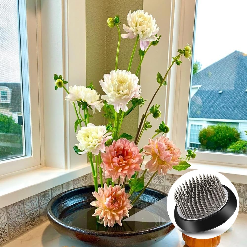 4 Sizes Round Flower Frogs with Alignment Tool & Cleaning Brush, 0.9/1.3/1.6/2 inch Stainless Steel Flower Arrangement Kit Floral Pin Holder Vase Arranger for Home DIY Decor & Crafts, Silver